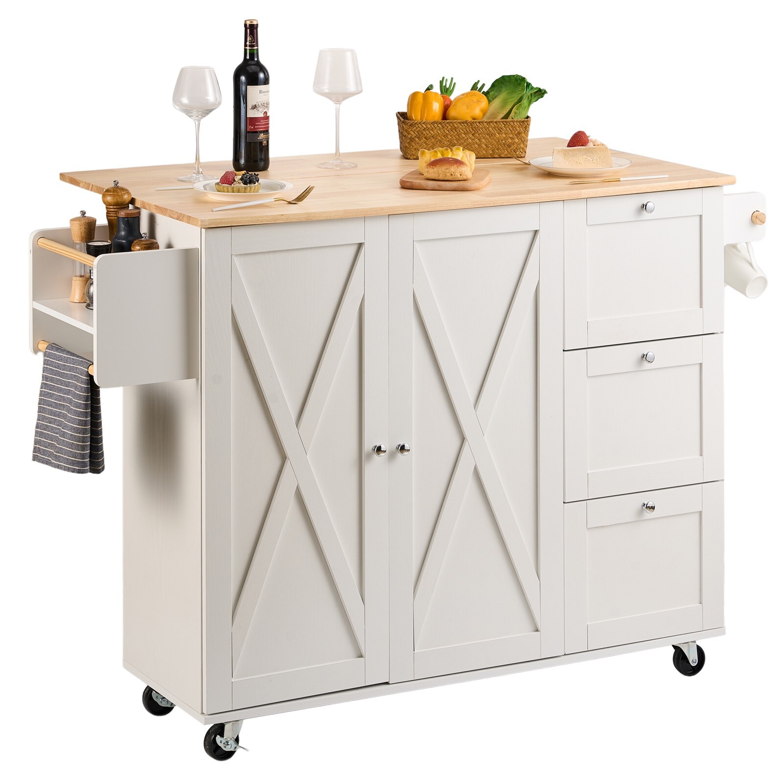 Drop Leaf Kitchen Island Trolley Cart Wood Storage Cabinet w/ Drawers Rack
