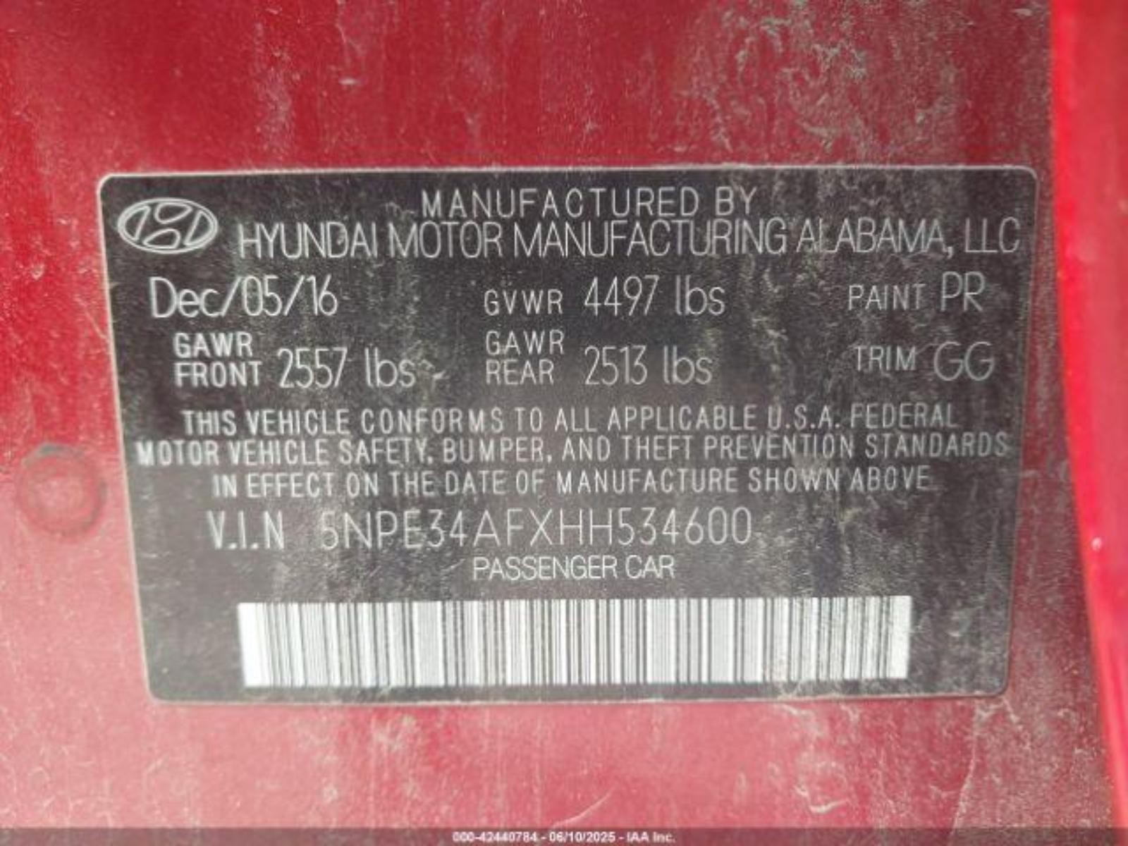 2017 HYUNDAI SONATA RR Door Trim Panel