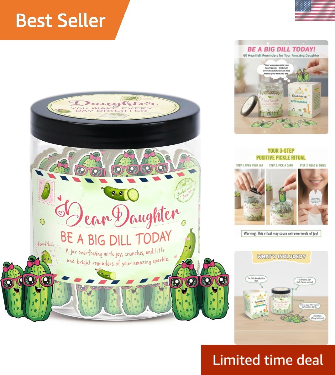 60 Positive Pickle Cards Jar for Daughter with Affirmation Cards, Daughters B...