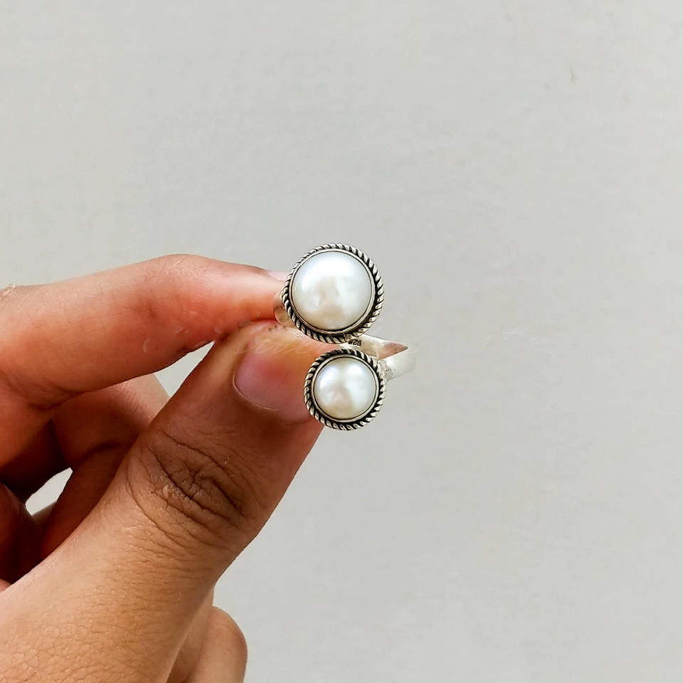 Pearl Gemstone Ring Solid 925 Silver Handmade Adjustable Ring All Size SR711