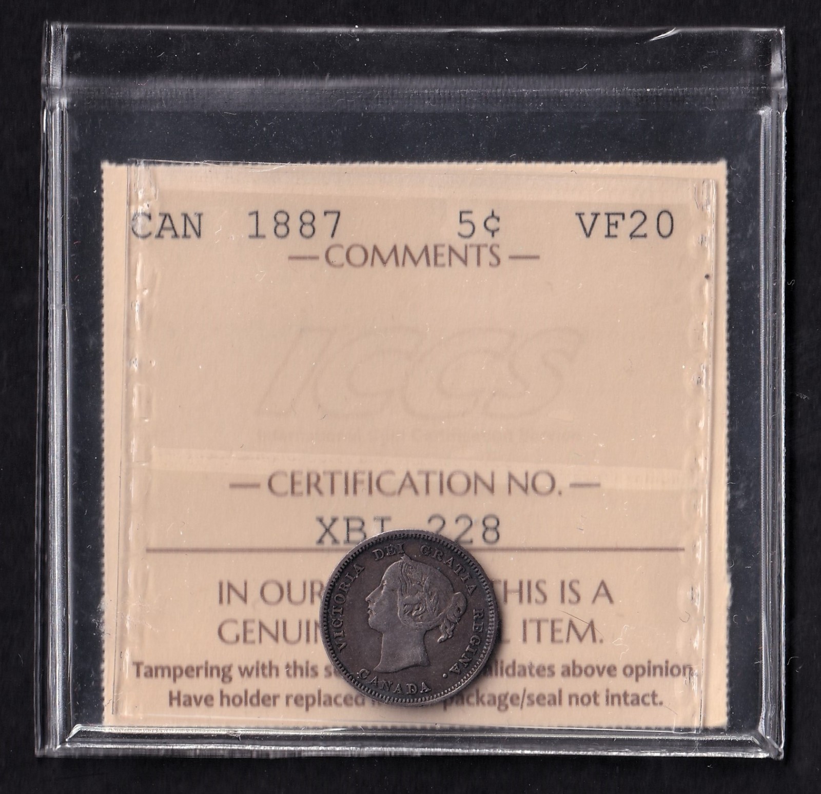 Canada 1887 5c Five Cent Silver Coin Queen Victoria ICCS Graded VF-20 .925