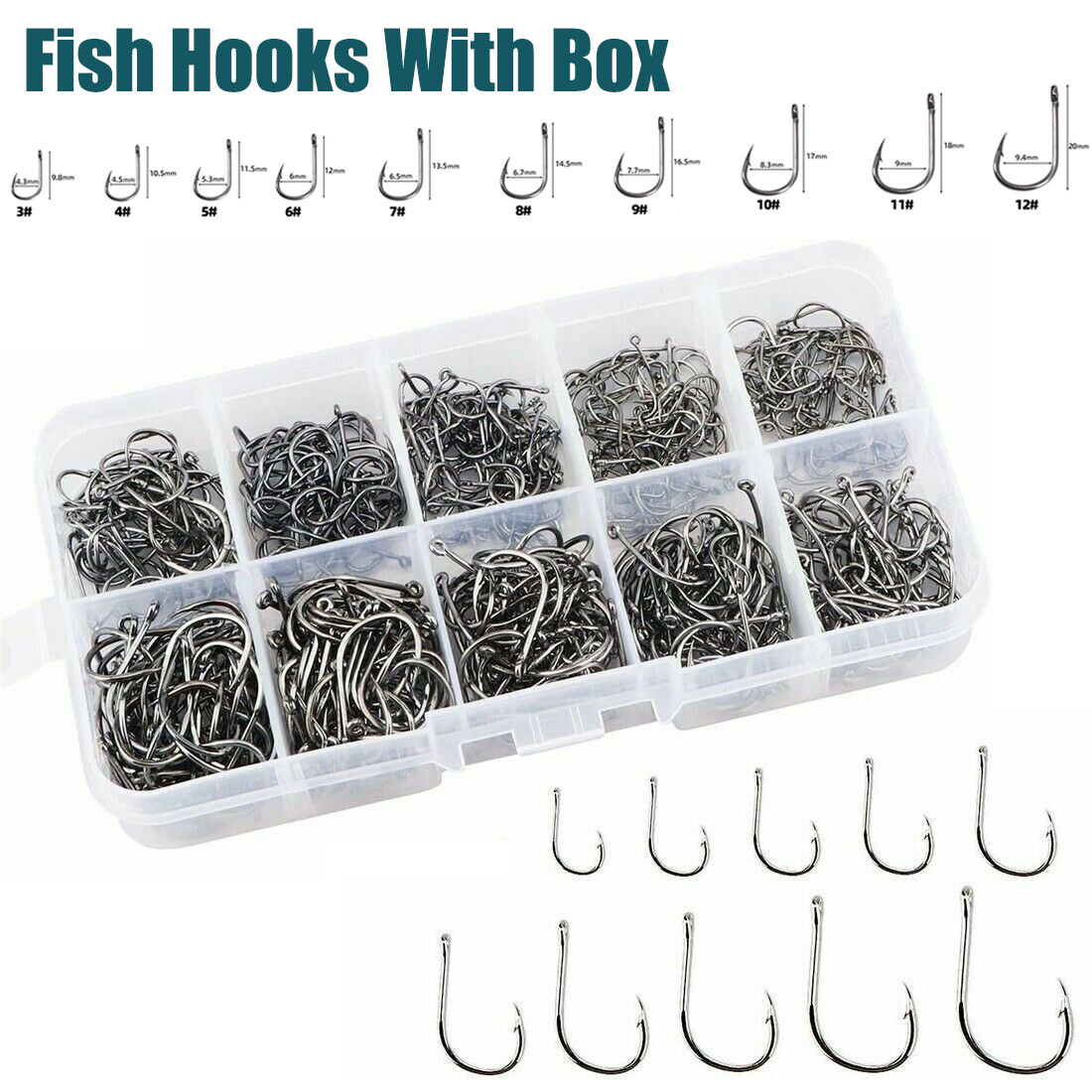 50-1000pcs Fish Hooks 10 Sizes Black High Carbon Steel Fishing Hooks With Box