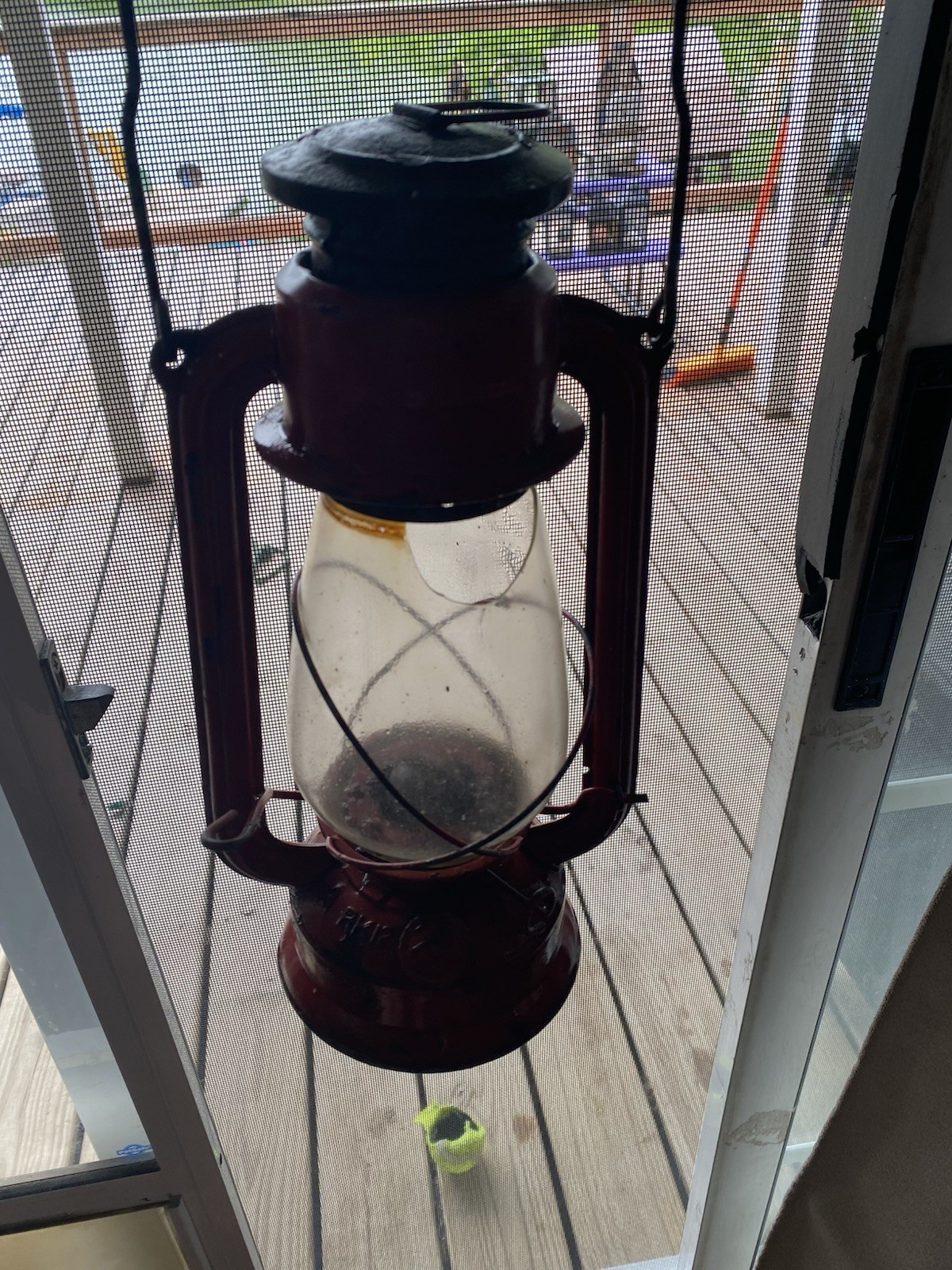 Red Oil Lantern Metal Hanging Lantern with Glass Globe, Red Metal & Glass