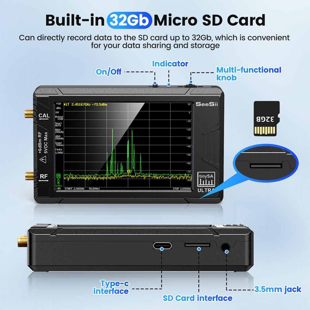 SeeSii Tiny Spectrum Analyzer TinySA ULTRA 4" LCD 100kHz-5.3GHz & 32GB Card