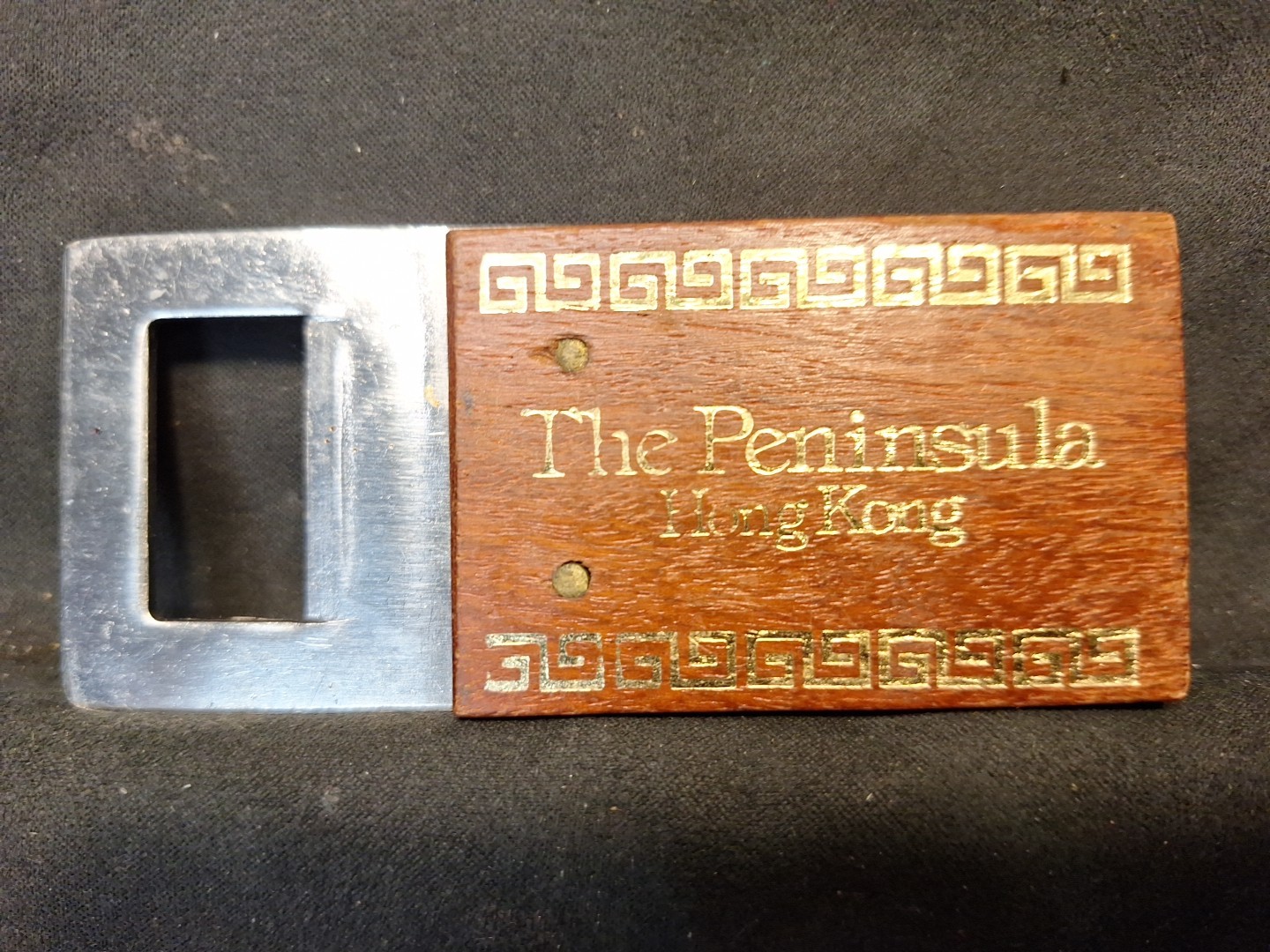 Vintage 1980's THE PENINSULA HOTEL HONG KONG STAINLESS WOOD BOTTLE OPENER
