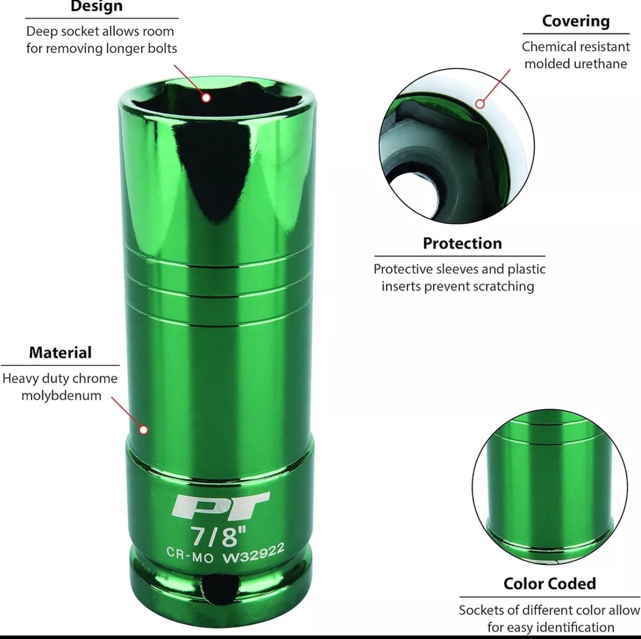 Performance Tool W32922 1/2 Inch Drive 7/8 Inch Thin Wall Color Coded Socket