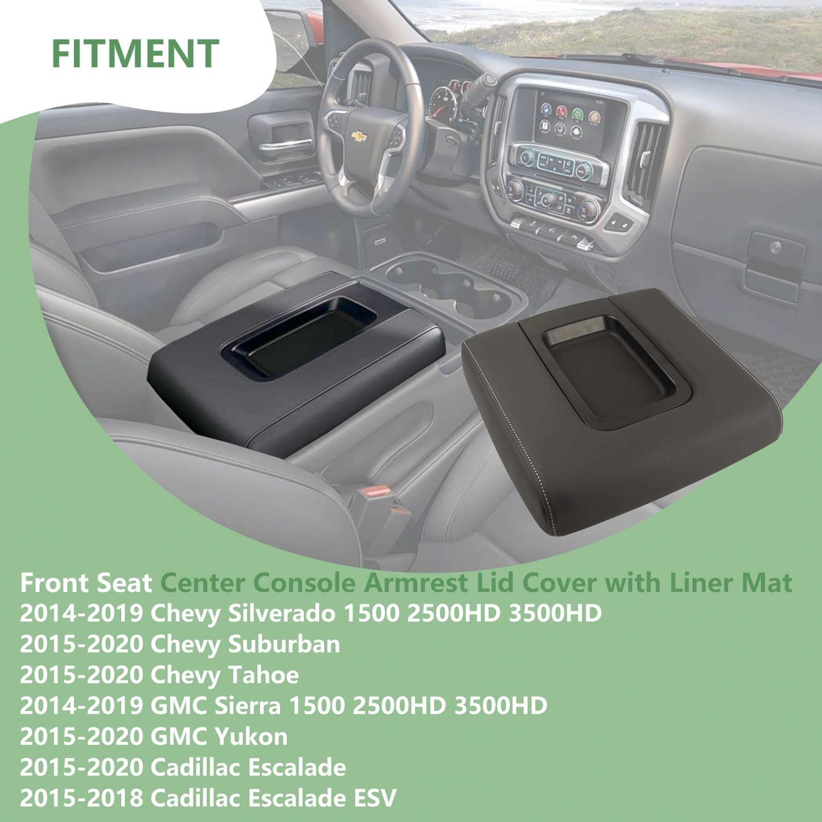 Front Seat Center Console Armrest Lid Cover with Mat, black