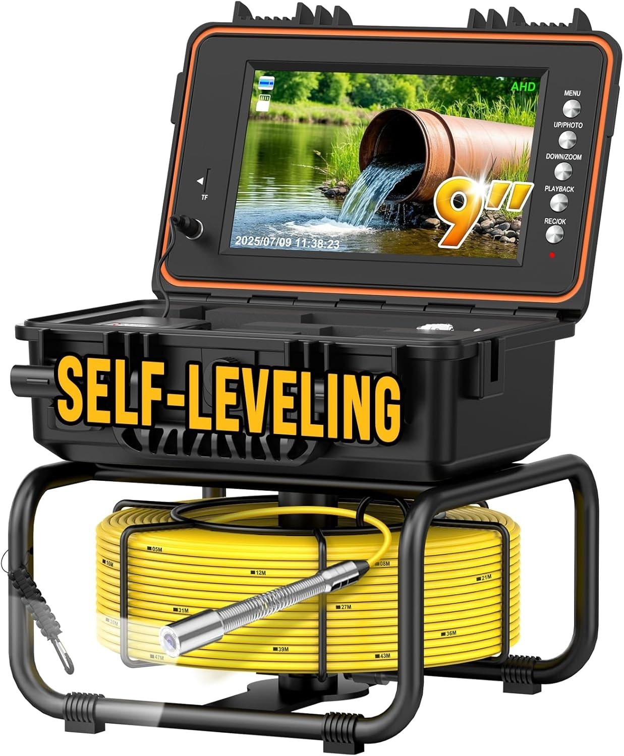 9" Self-Leveling Sewer Camera 164ft Pipe Inspection Camera w/Length Marker 32GB
