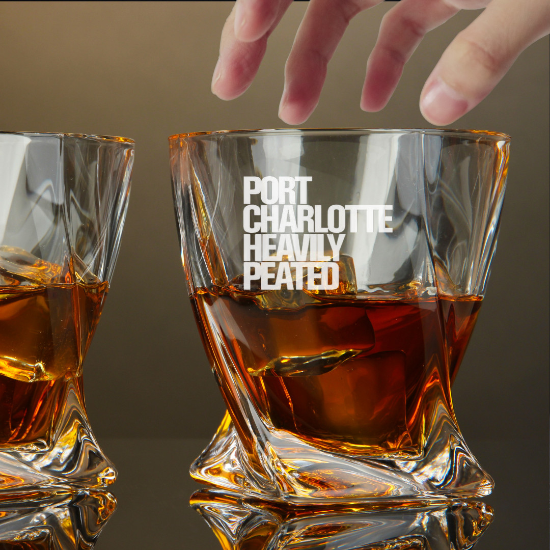 Custom Engraved Port Charlotte Whiskey Glass – 10 oz Twisted Rocks Glass