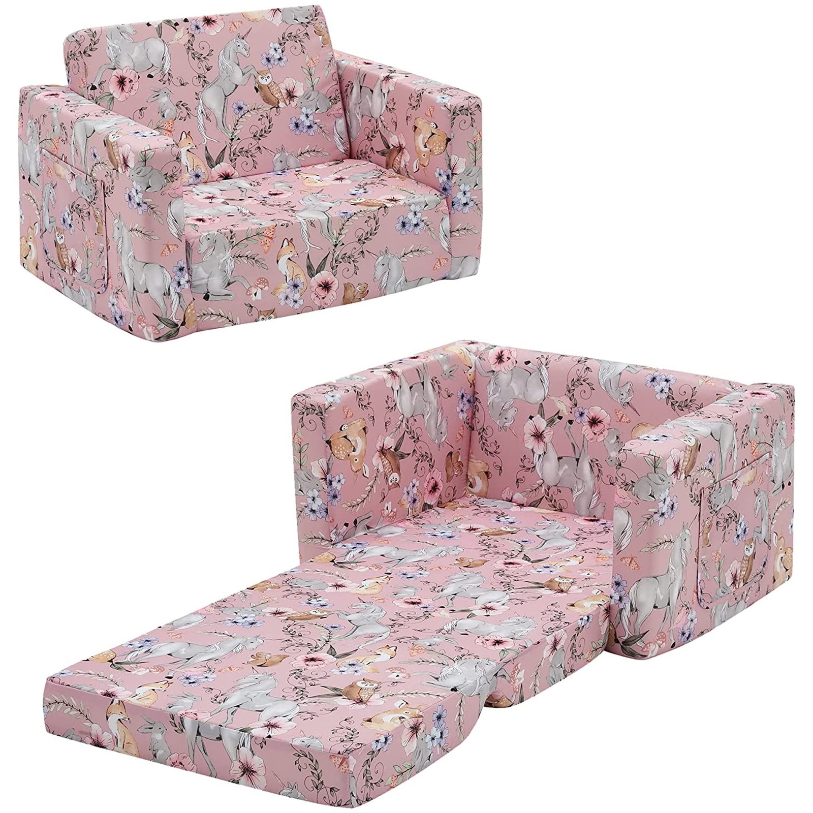 Convertible Sofas Children Flip-Out Sofa - 2-in-1 to Lounge Chair (Pink Unicorn)