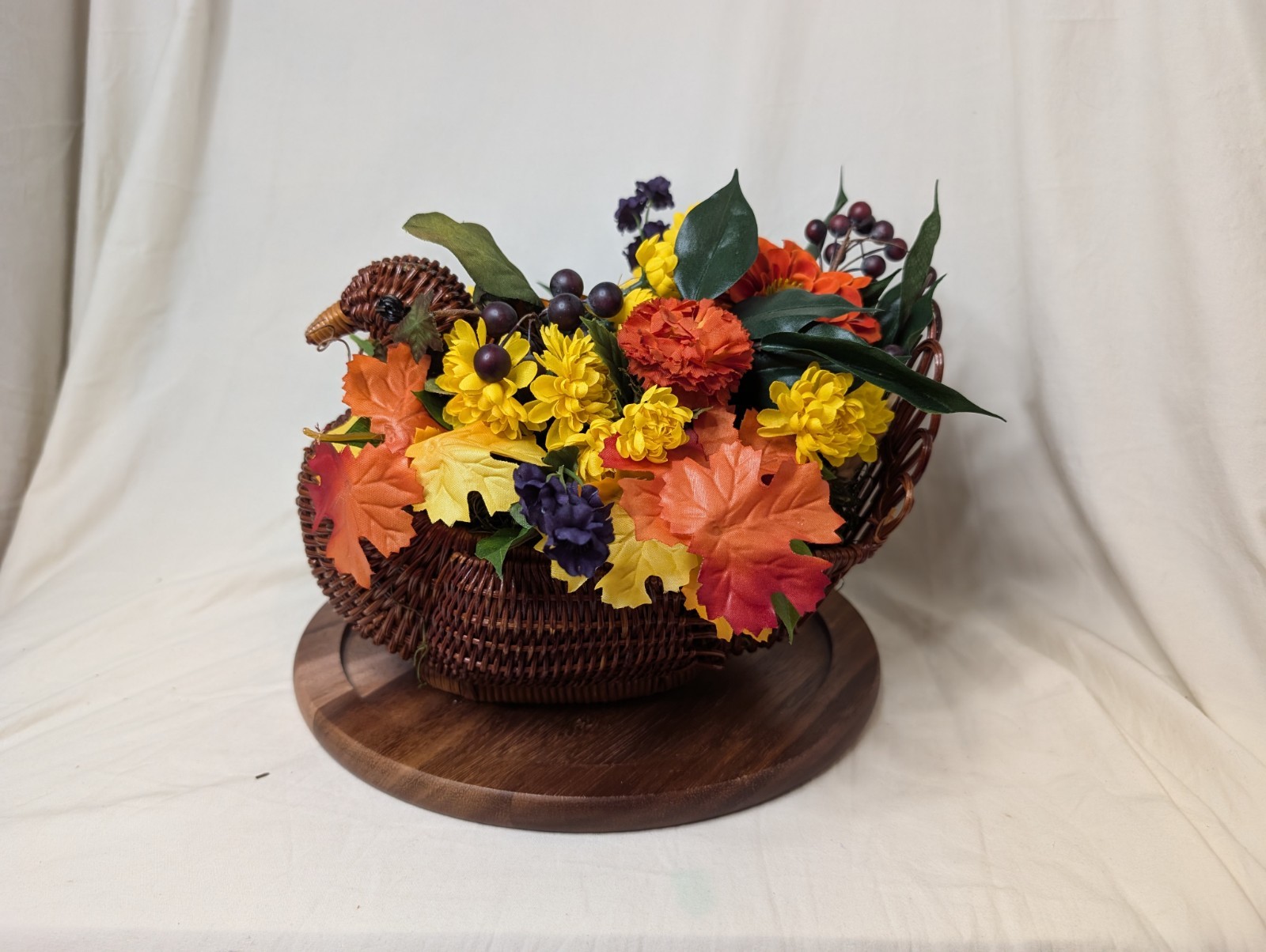 Wicker Bird Planter With Fake Flowers Fall Autumn Decor