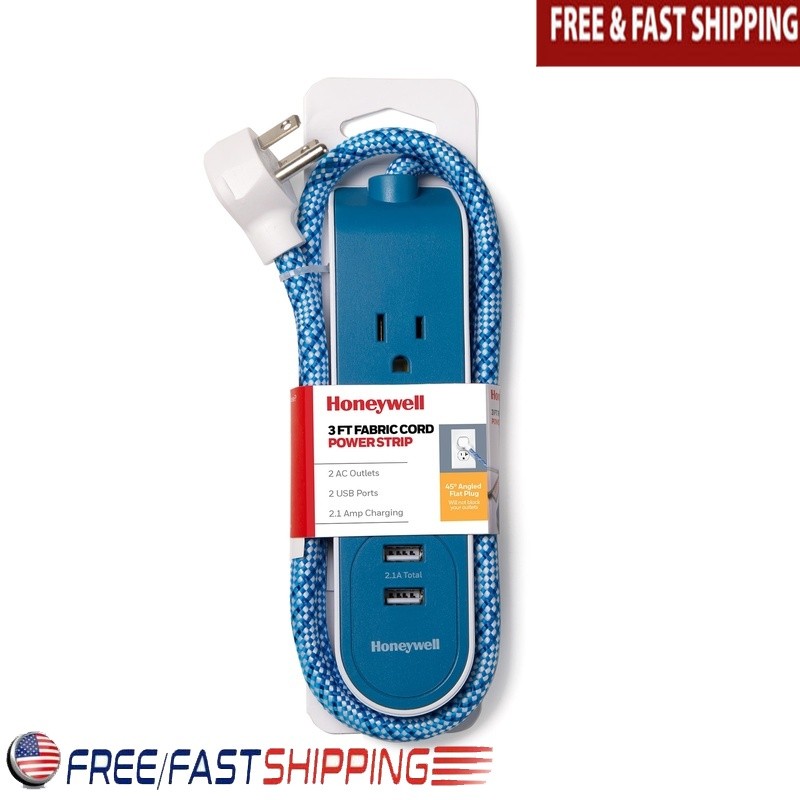 3ft Fabric Power Strip 2 AC Outlets 2 USB Ports 2.1A Fast Charging Angled Plug