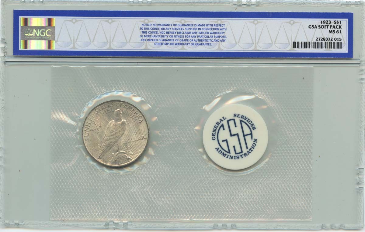 1923 Peace Dollar GSA SOFT PACK S$1 NGC MS61