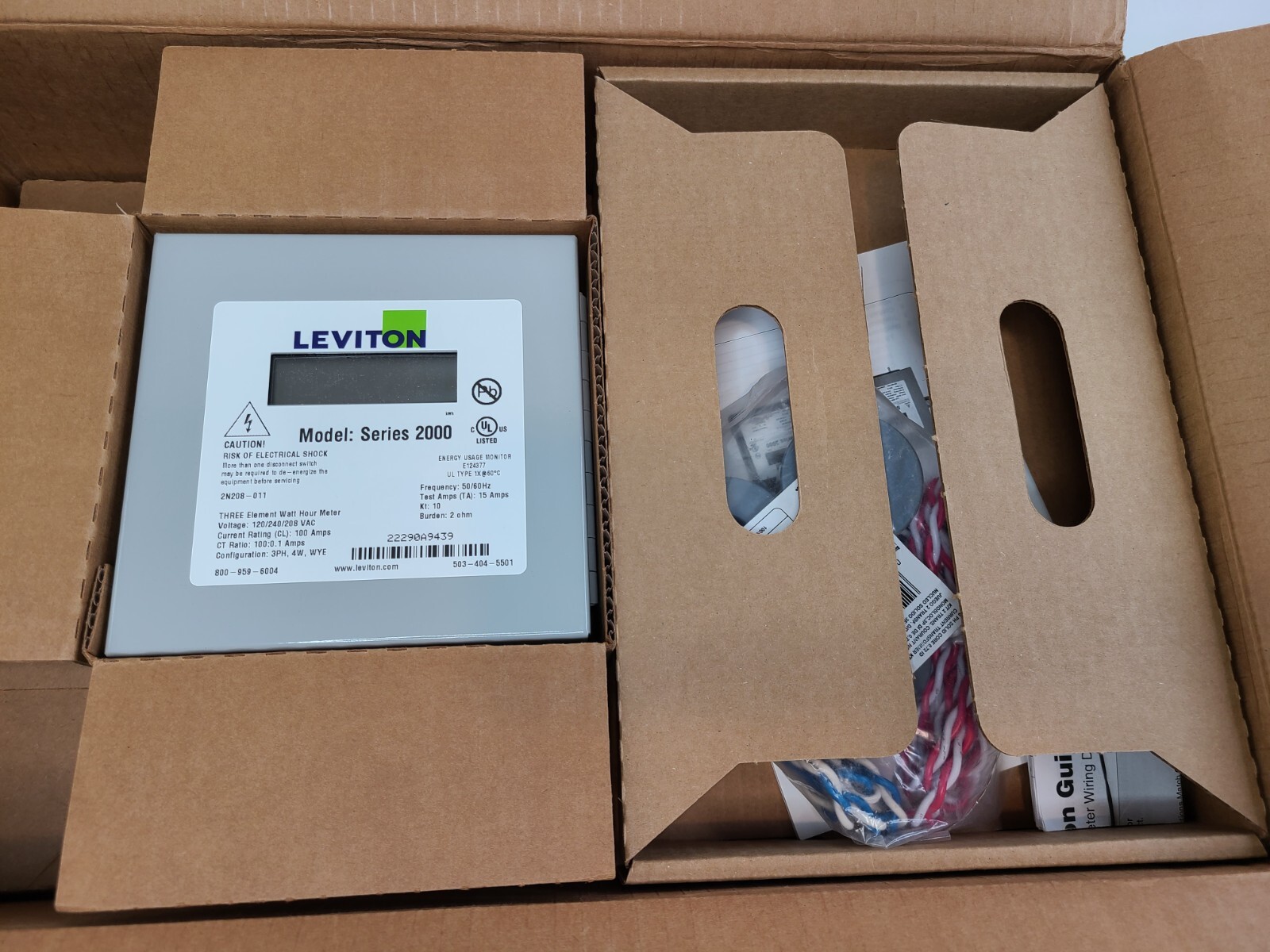 Leviton 2K208-1SW Series 2000 Indoor Usage Meter 3 Solid Core CTs 480V 100A