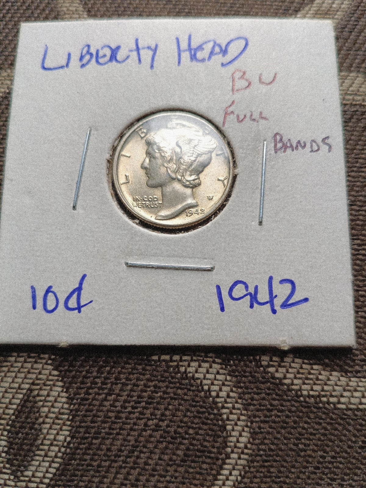 1942 P , 1 10C Mercury Dime Mint State Full Bands