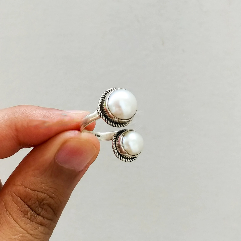 Pearl Gemstone Ring Solid 925 Silver Handmade Adjustable Ring All Size SR711