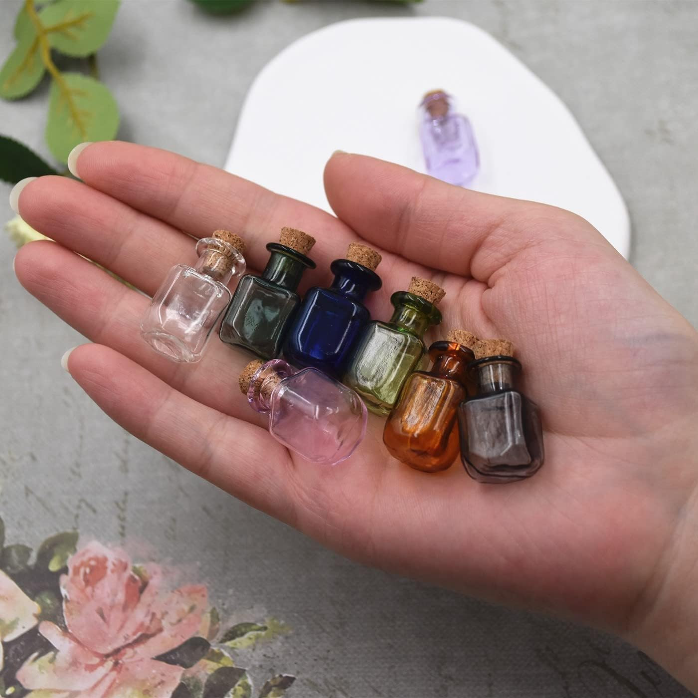 10Pcs Colored Tiny Glass Jars Mini Glass Bottles with Cork Stoppers Mini Square