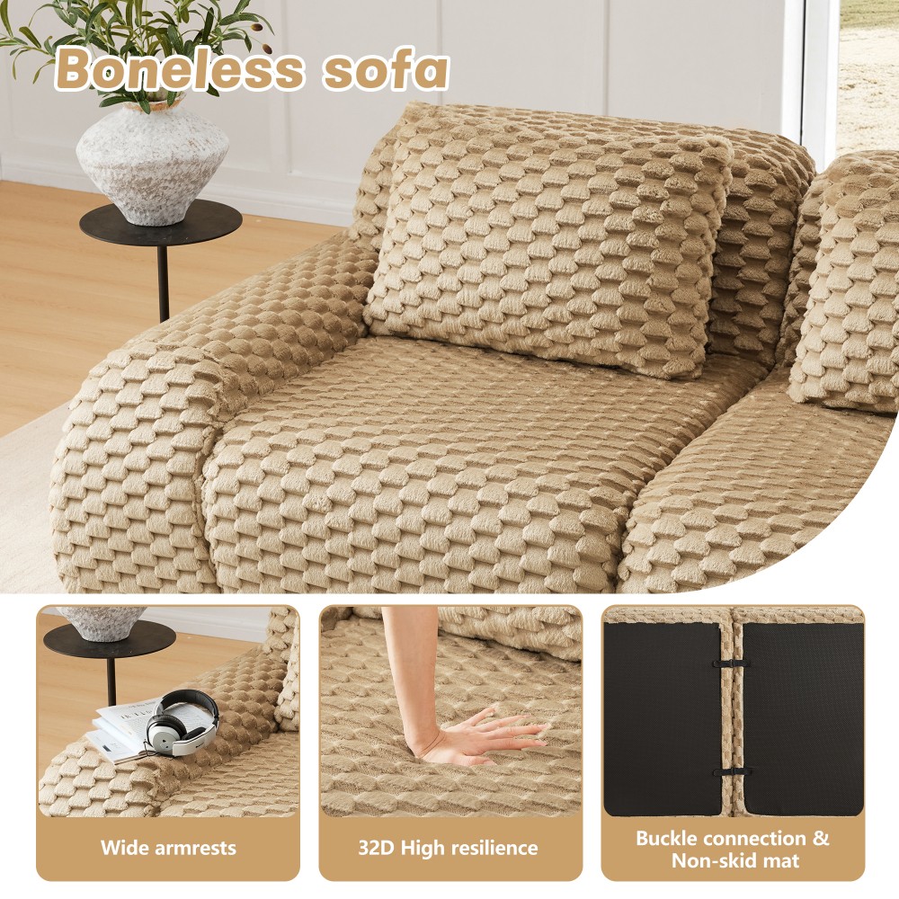 114" Modular Sofa Compressed Couch w/ Flannelette Fabric, 3-Seater, Light Camel
