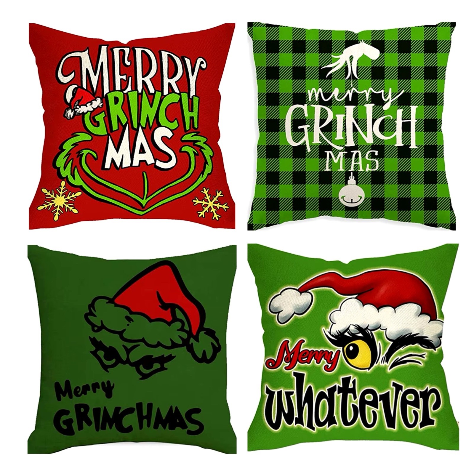 4 Pack Christmas Grinch Pillow Case Holiday Decor Merry Grinchmas 18"x18" Zipper