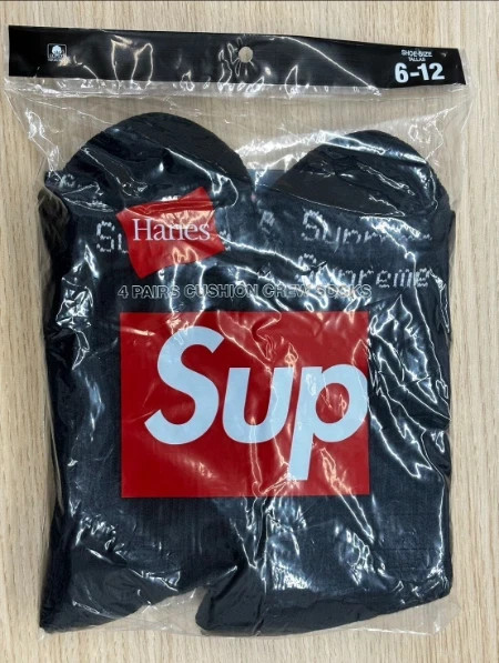 Supreme X Hanes Crew Socks 4 Pairs 8 Socks Cushion Black Size 6-12 New 2026