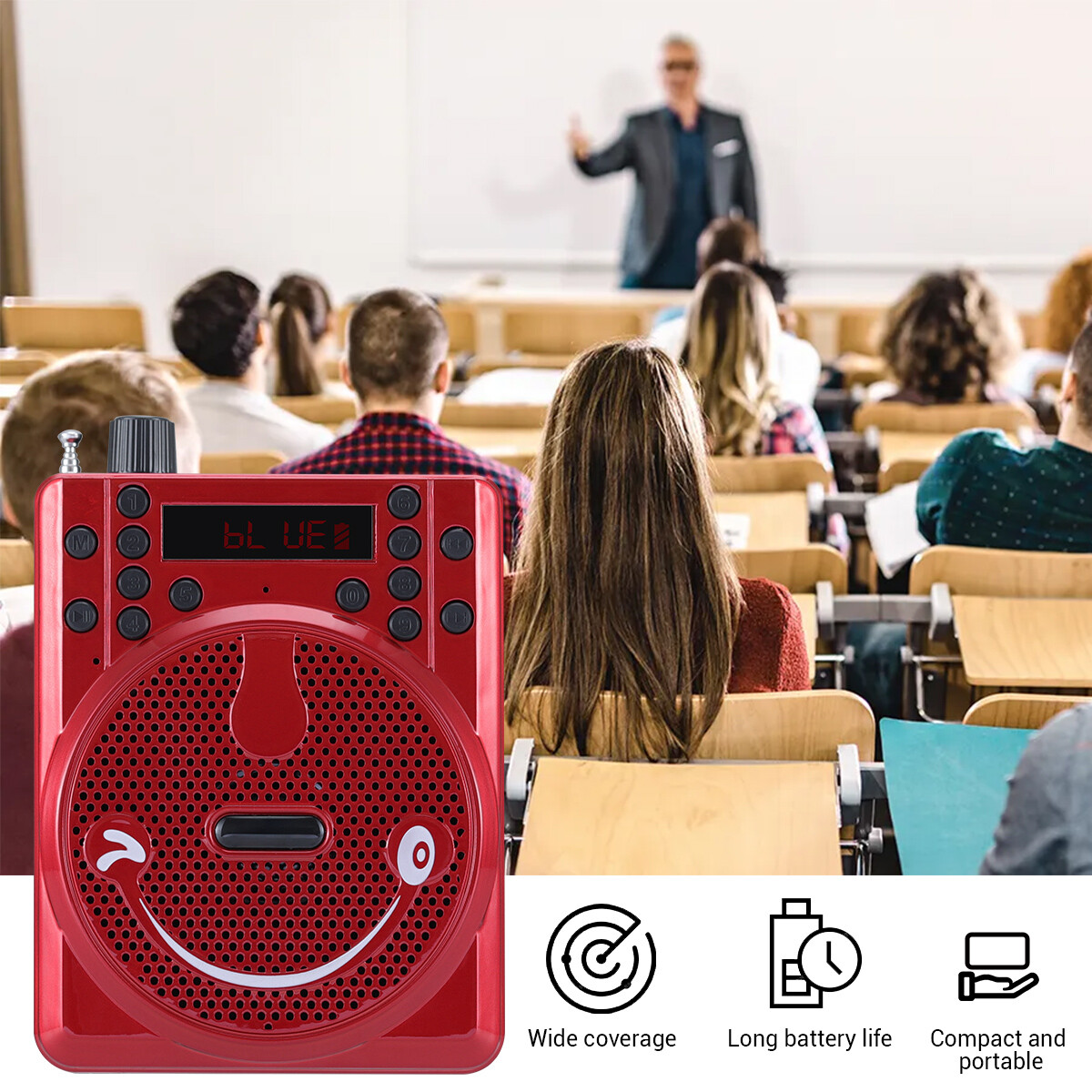 Portable Bluetooth PA System Headset Microphone Rechargeable USB Micro SD FM Red