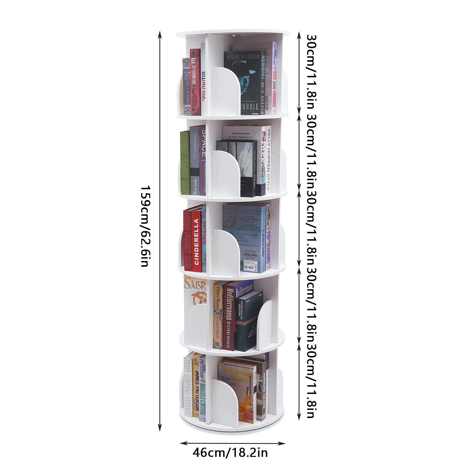 360° Rotating 5 Tiers Bookshelf Bookcase Storage Shelf Freestanding Display Rack