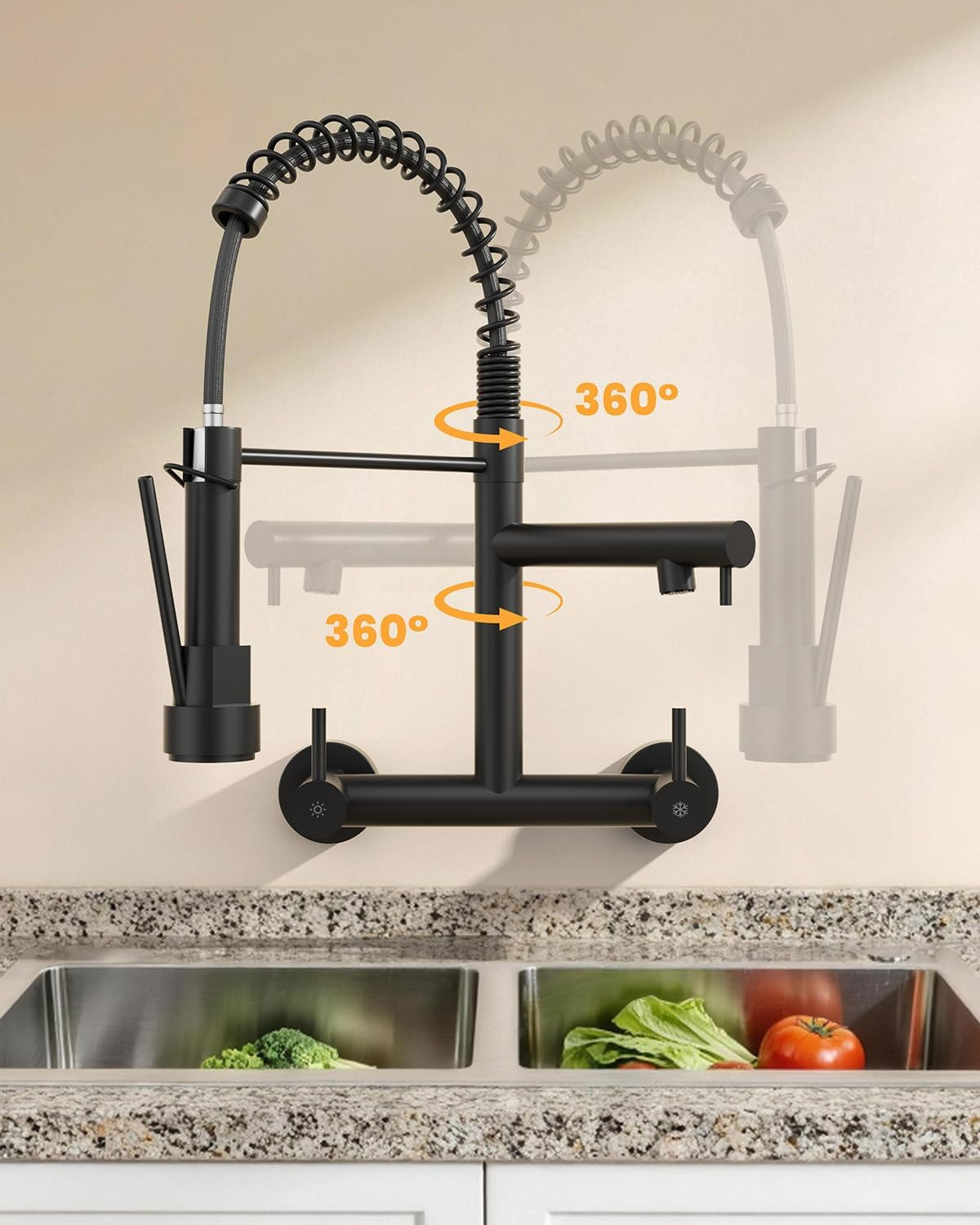 Matte Black Wall Mount Kitchen Faucet with Pull Down Sprayer and 2 Handles
