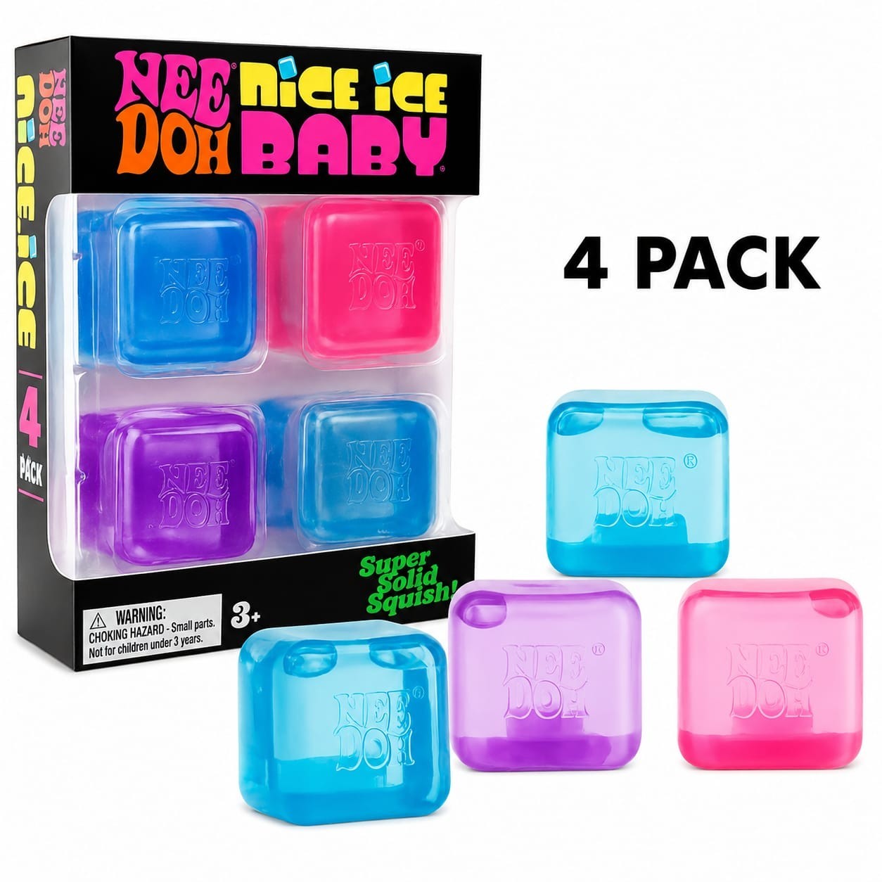 4 Pack Nee Doh Nice Ice Baby Mini Squishy Sensory Fidget Cubes Stress Relief Toy
