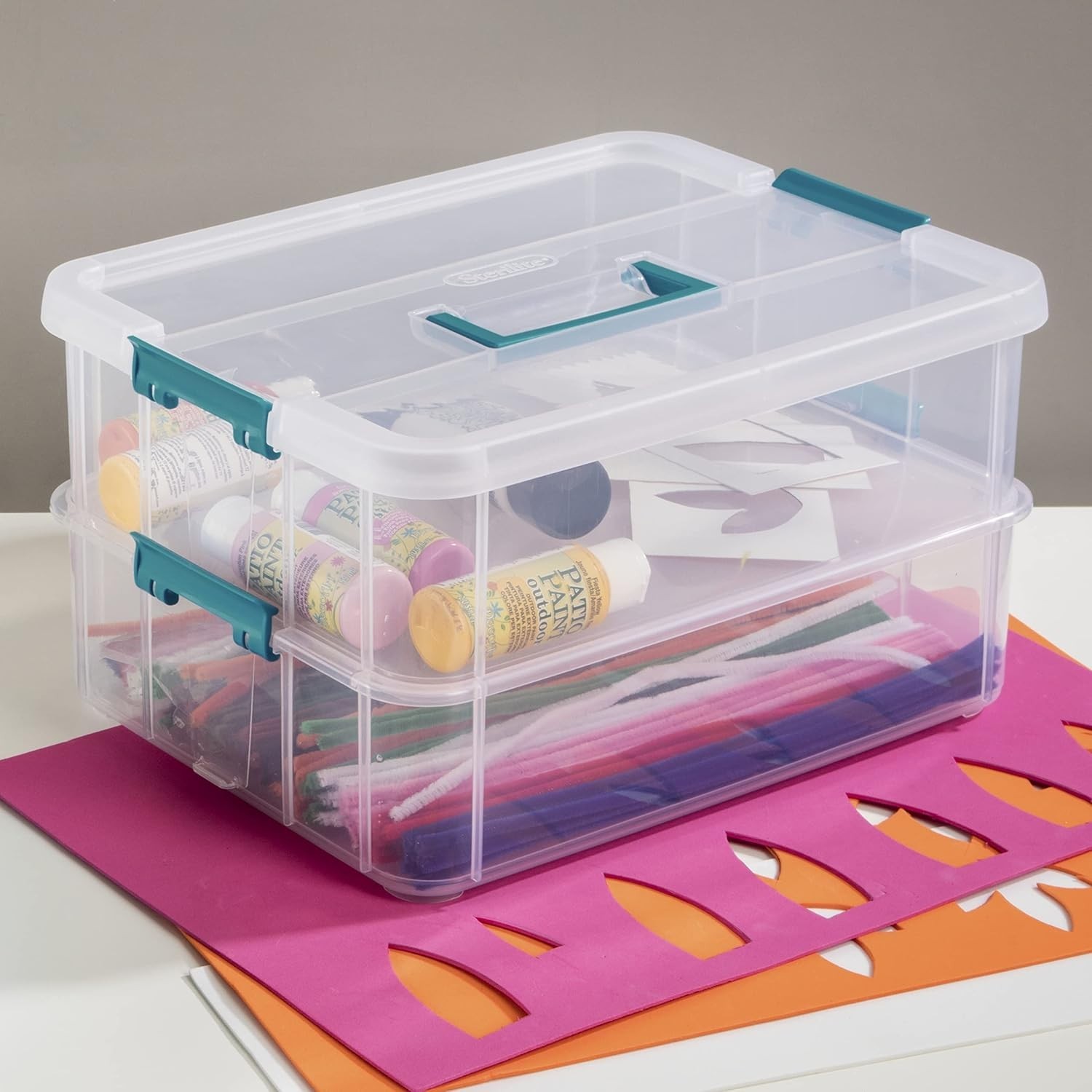 1427CLR Stack & Carry - 2 Layer Box, Clear Lid & Blue Handle, See-through layers