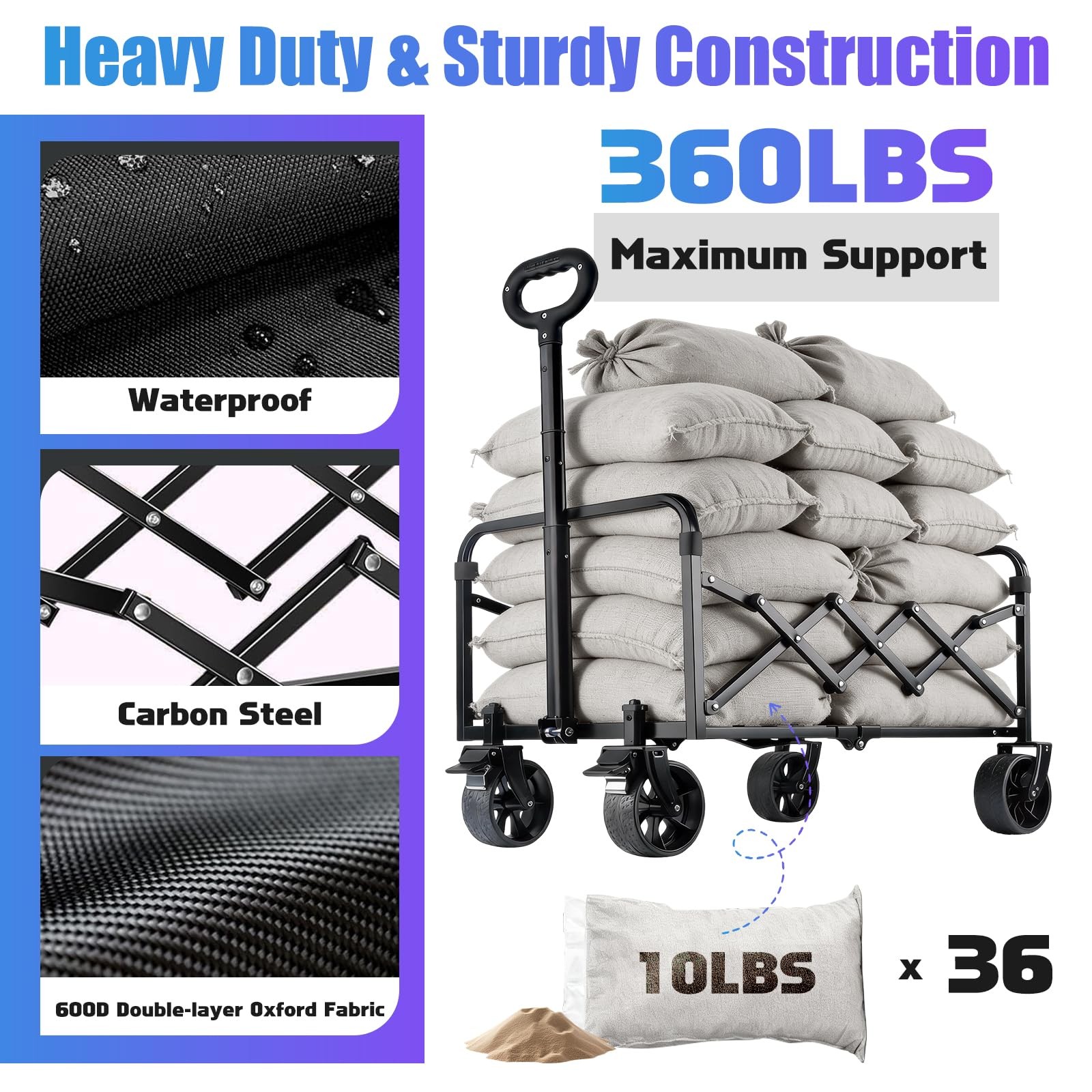 360LBS Collapsible Wagon Cart Foldable - Heavy Duty Portable Utility Folding ...