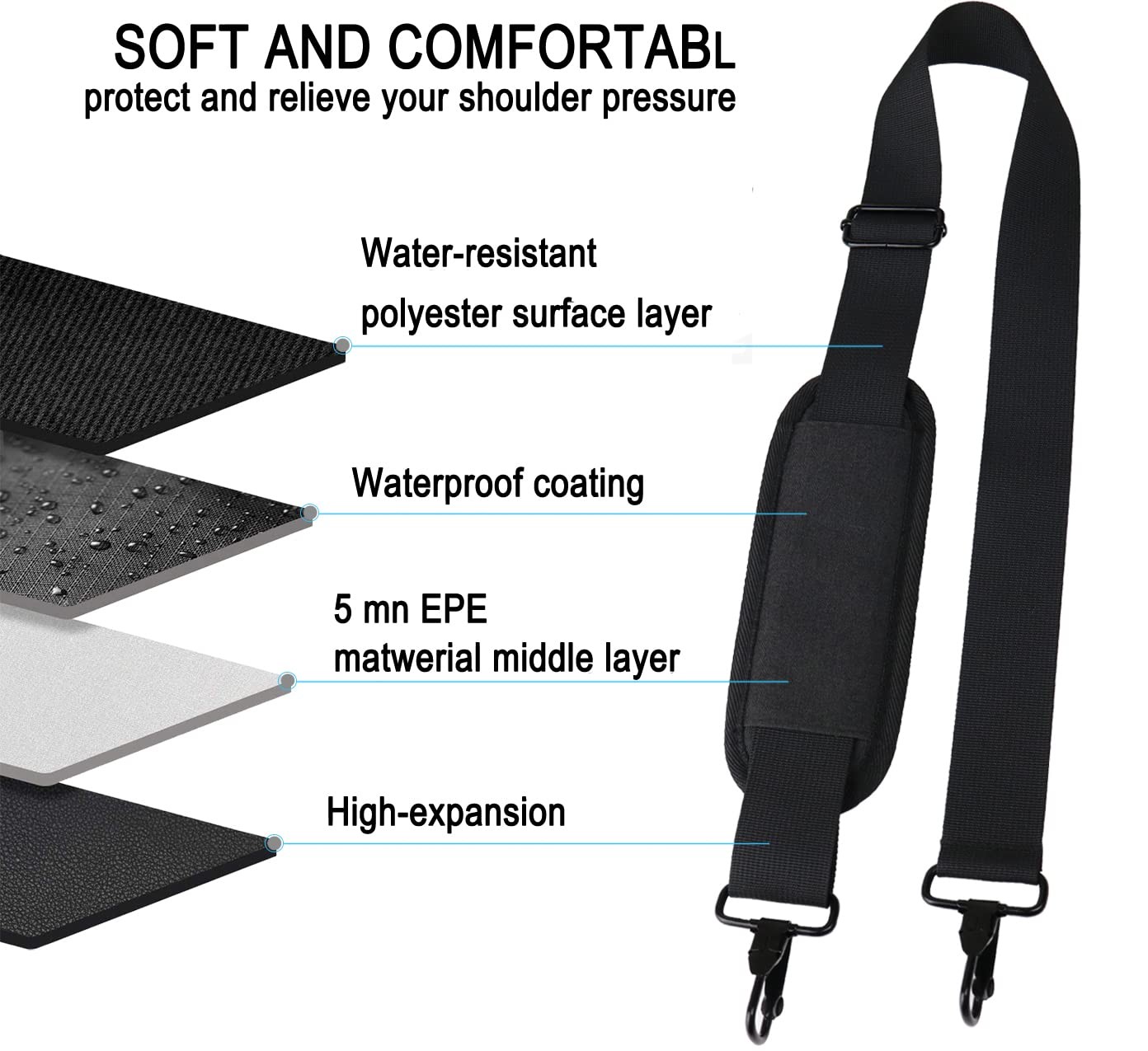 Askuko Shoulder Strap 56 Inch, Universal Adjustable Large, Black