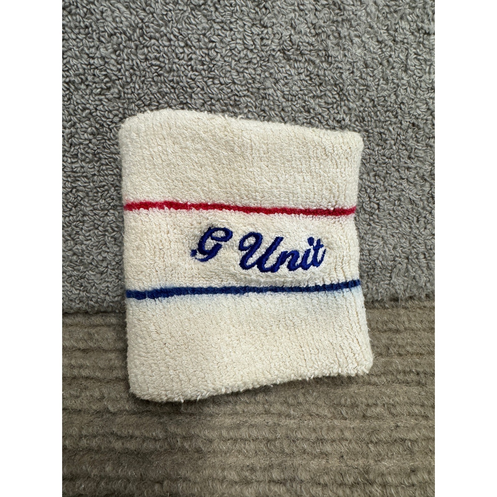 Vintage G Unit Wristband Cream Terry Cloth Sweatband Blue Red Stripe Y2K Hip Hop