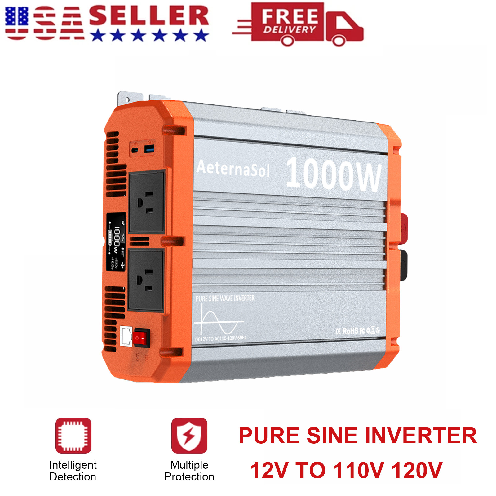 1000W/2000W Pure Sine Wave Power Inverter DC 12V to 110V 120V Adapter Converter