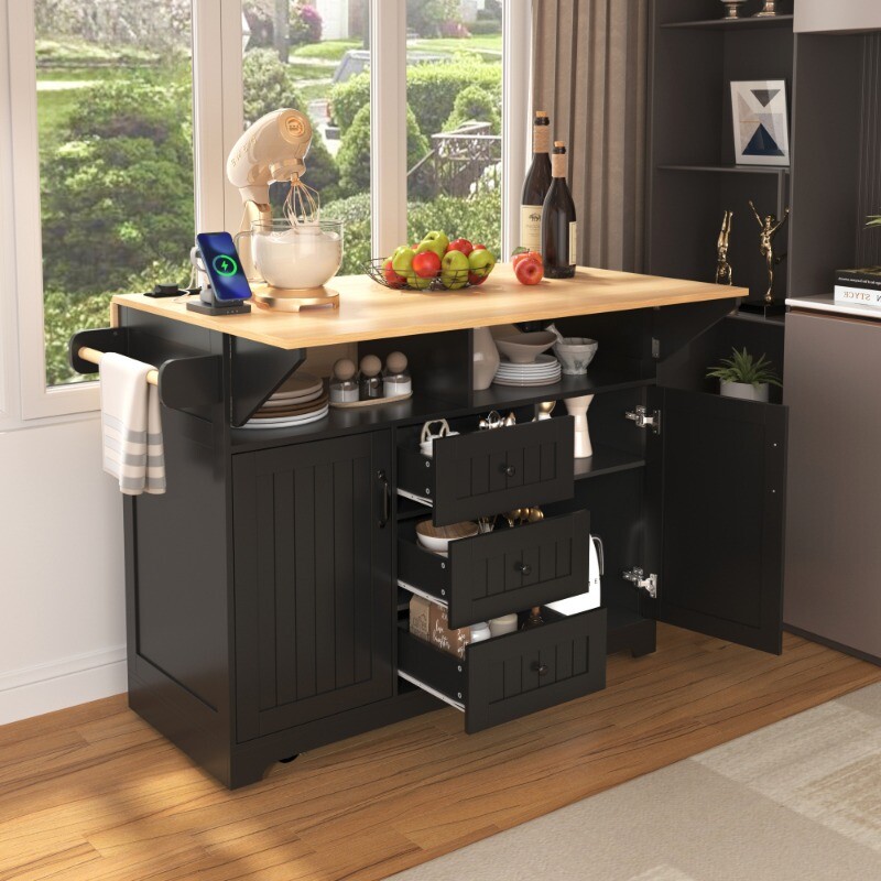 55.7'' Large Kitchen Island with 2 Drop Leaf Rolling Kitchen Cart on 5 Wheels