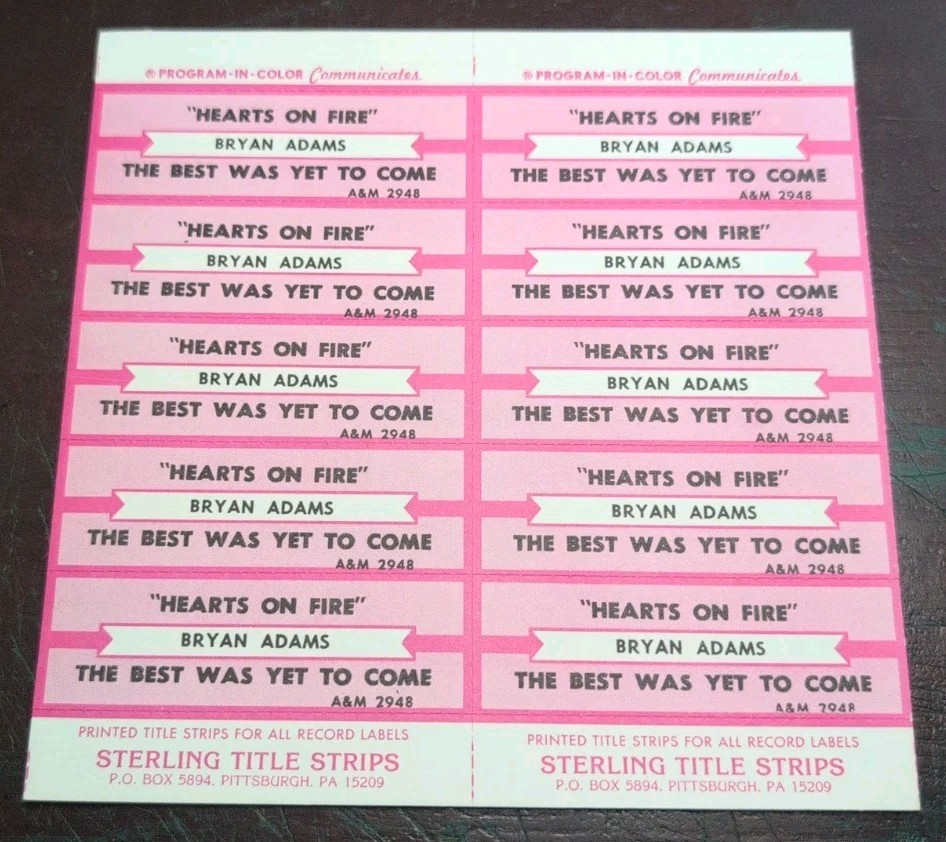 Sterling Jukebox Title Strips Full Sheet Bryan Adams "Hearts On Fire"