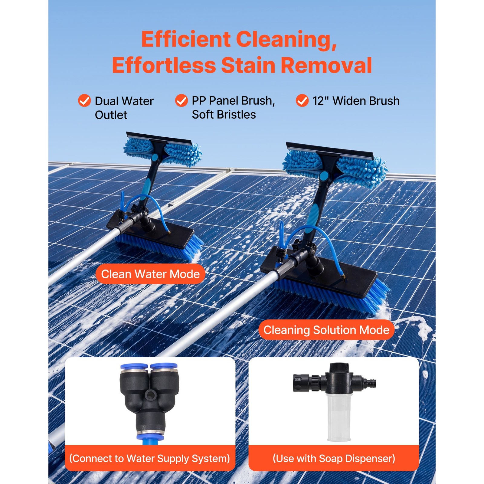 33 ft Water Fed Solar Panel Cleaning Kit with Telescopic Pole and Rotatable