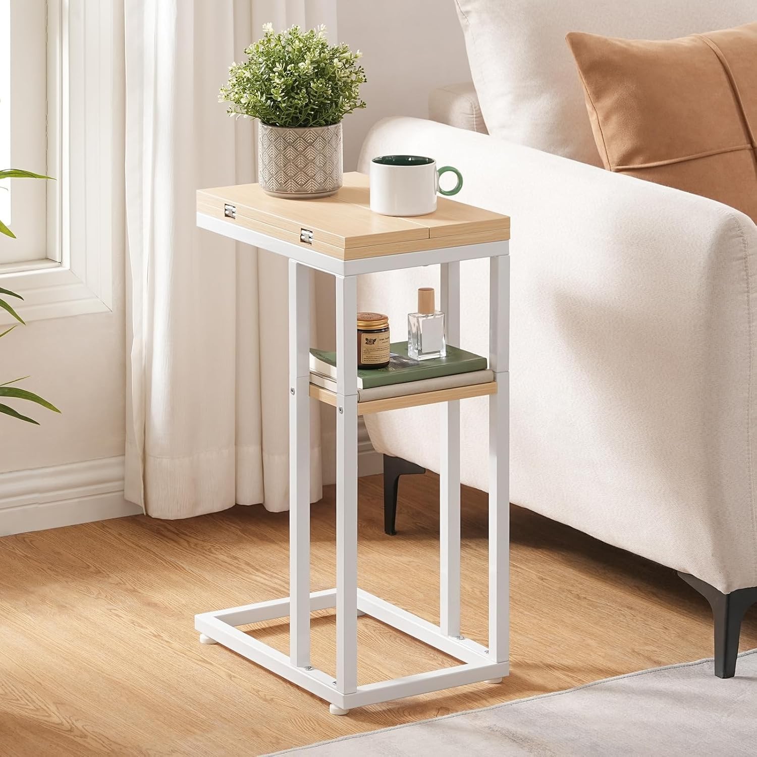 Foldable End Table C Shaped Side Table W/ Storage Shelf Small Snack Table