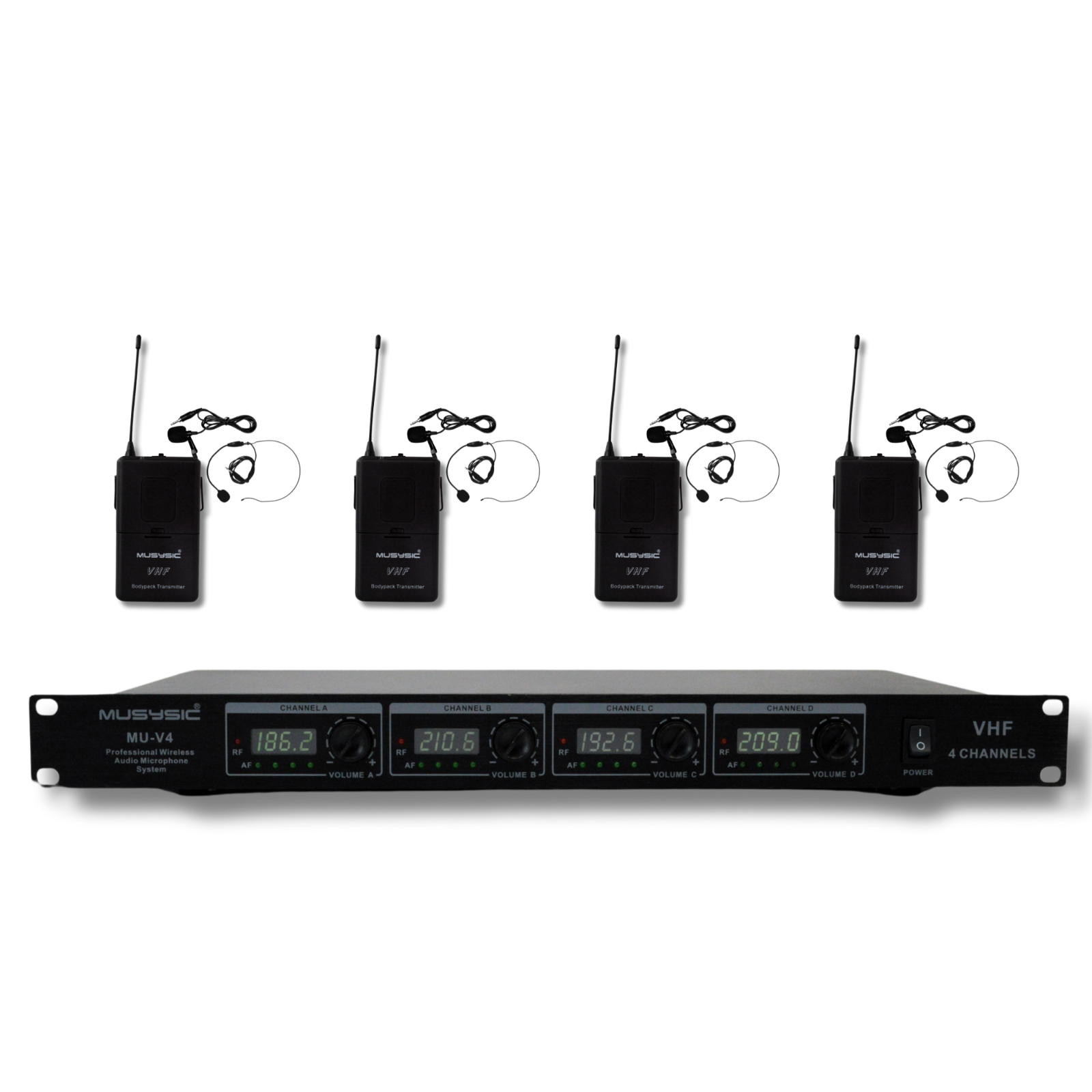 4-Channel Professional VHF Lapel / Lavalier & Headset Wireless Microphone System