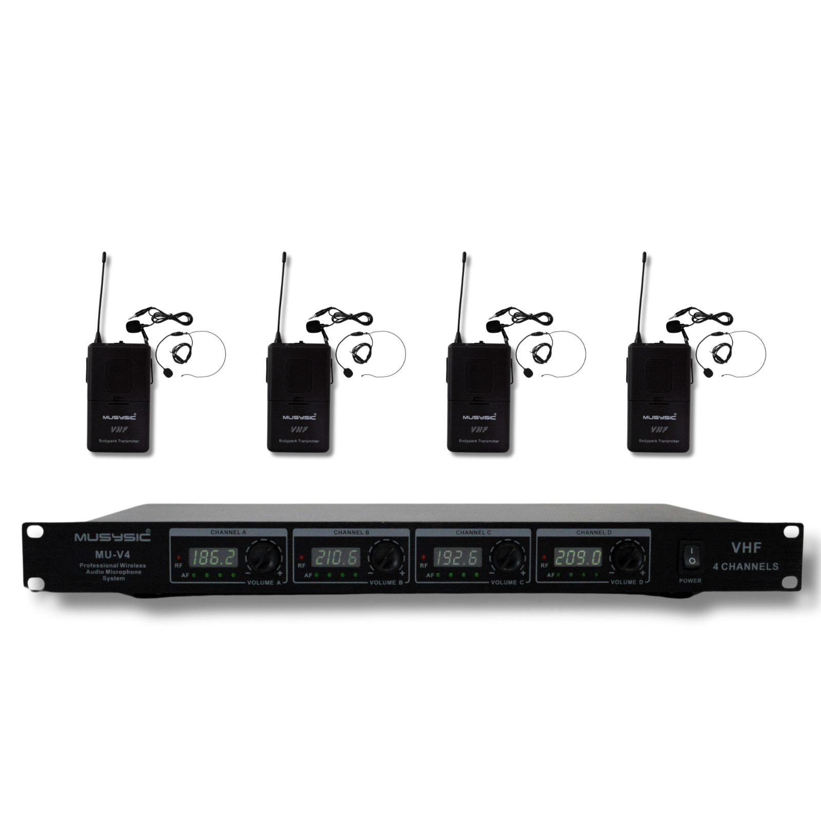 MUSYSIC MU-V4-LL 4-Channel VHF Wireless Lavalier Microphone System 50m Range