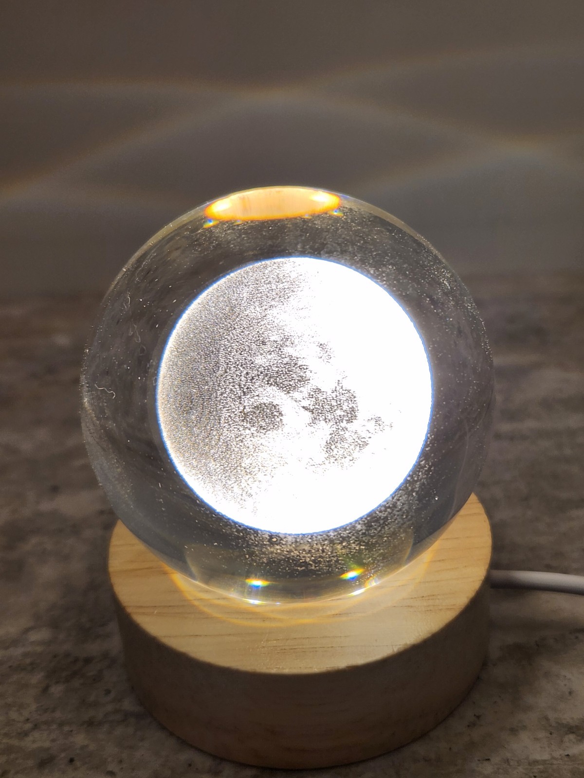 Full Moon Etched Glass Sphere with Light Base
