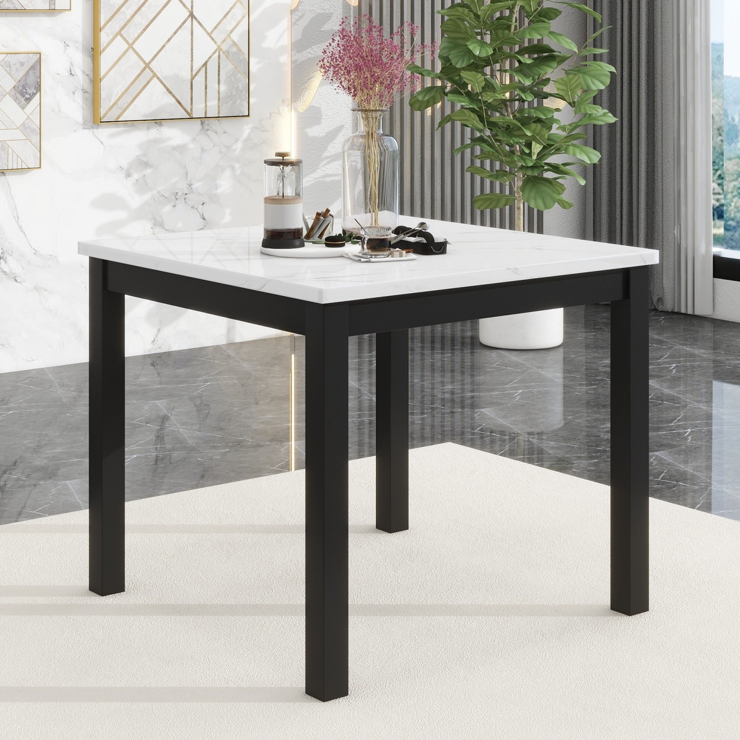 5-Piece Counter Height Dining Table Set Square Wood Table w/ 4 Padded Chairs