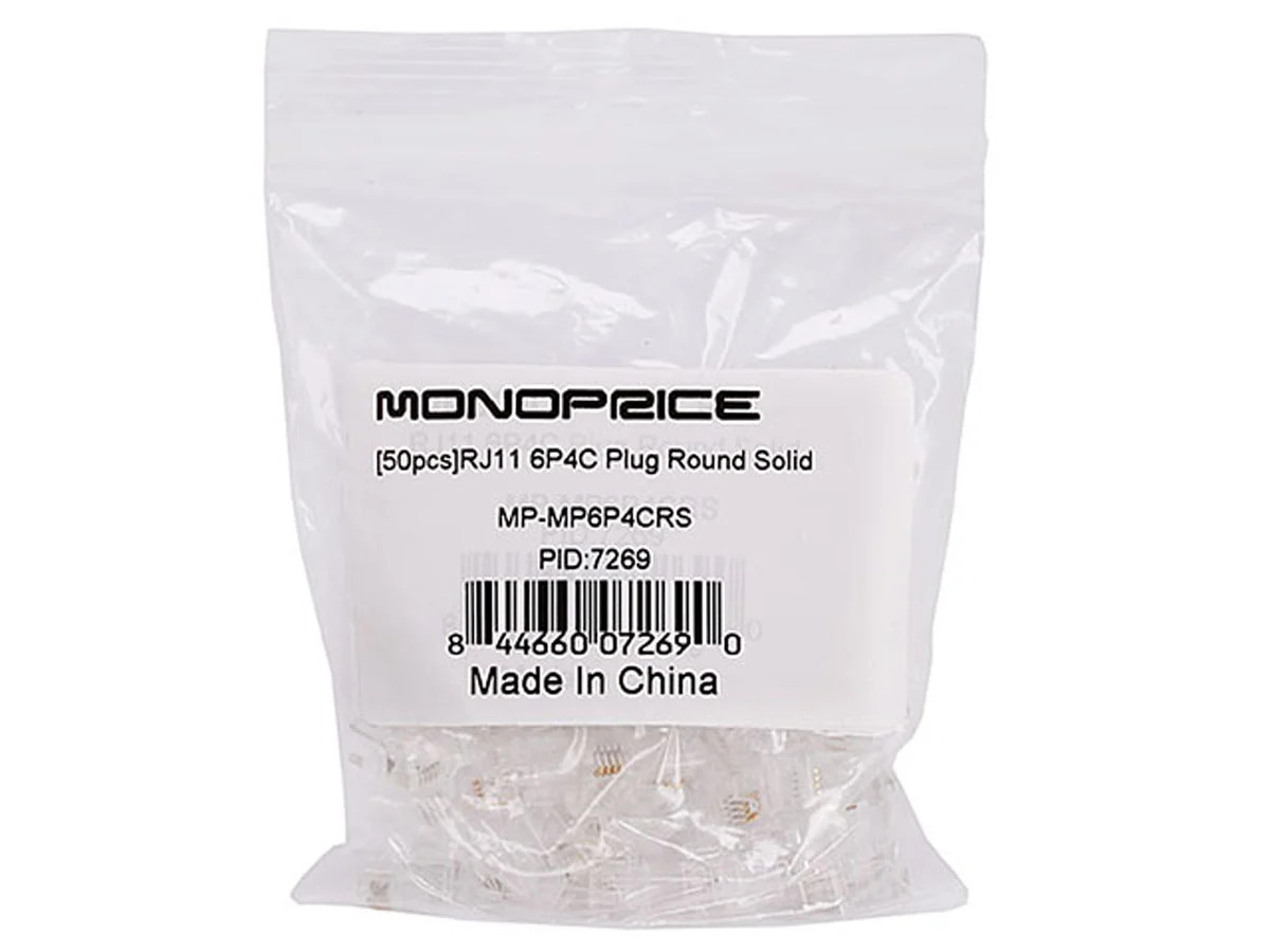 Monoprice 6P4C RJ11 Modular Plugs for Round Solid/Stranded Cable, 3 Prongs,
