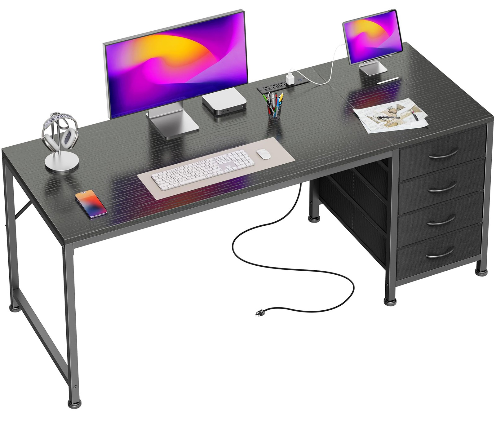 PRAISUN 55.1 Inch Computer Office Desk with Power Outelts and USBC Port, Reve...