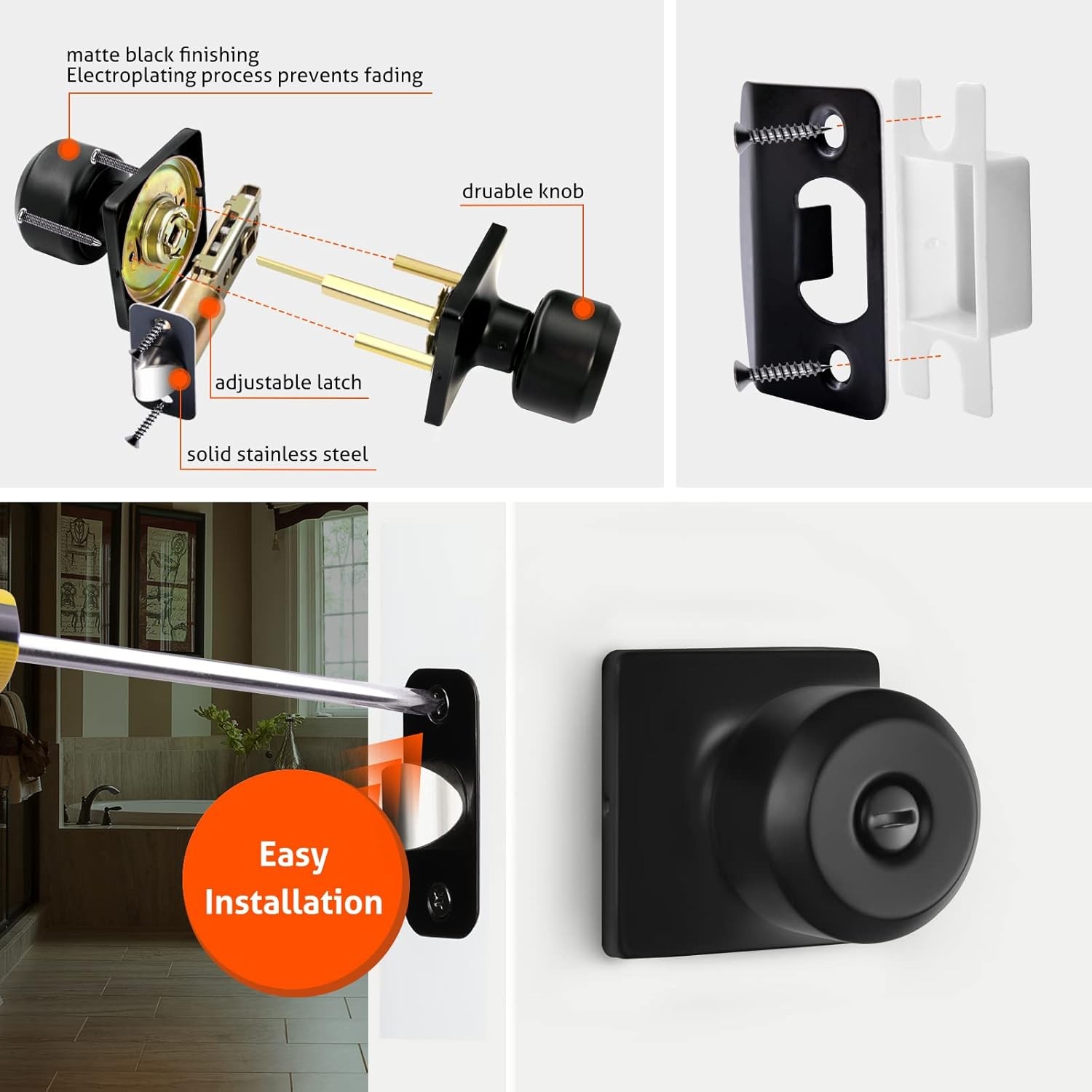 6 Pack Matte Black Door Knobs Interior, Privacy Interior Door Knob