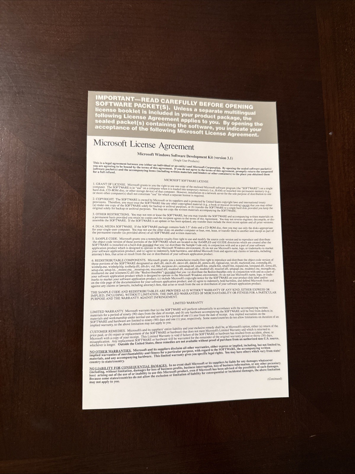 Microsoft Visual C++ 1.0 Proof of License Card + License Agreement Inserts