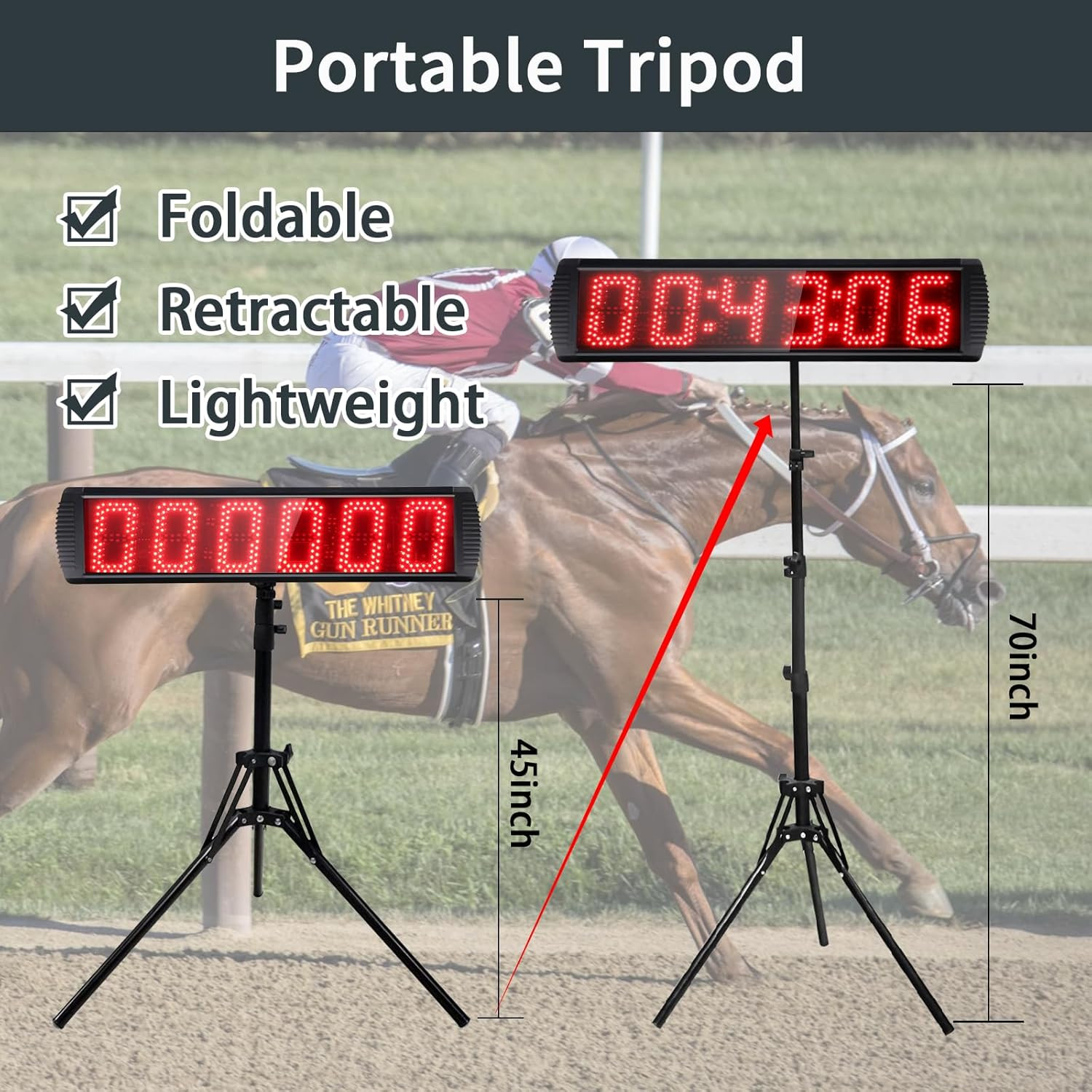LED Race Clock, 5" High, 6 Digits, w/ Tripod, Remote Control