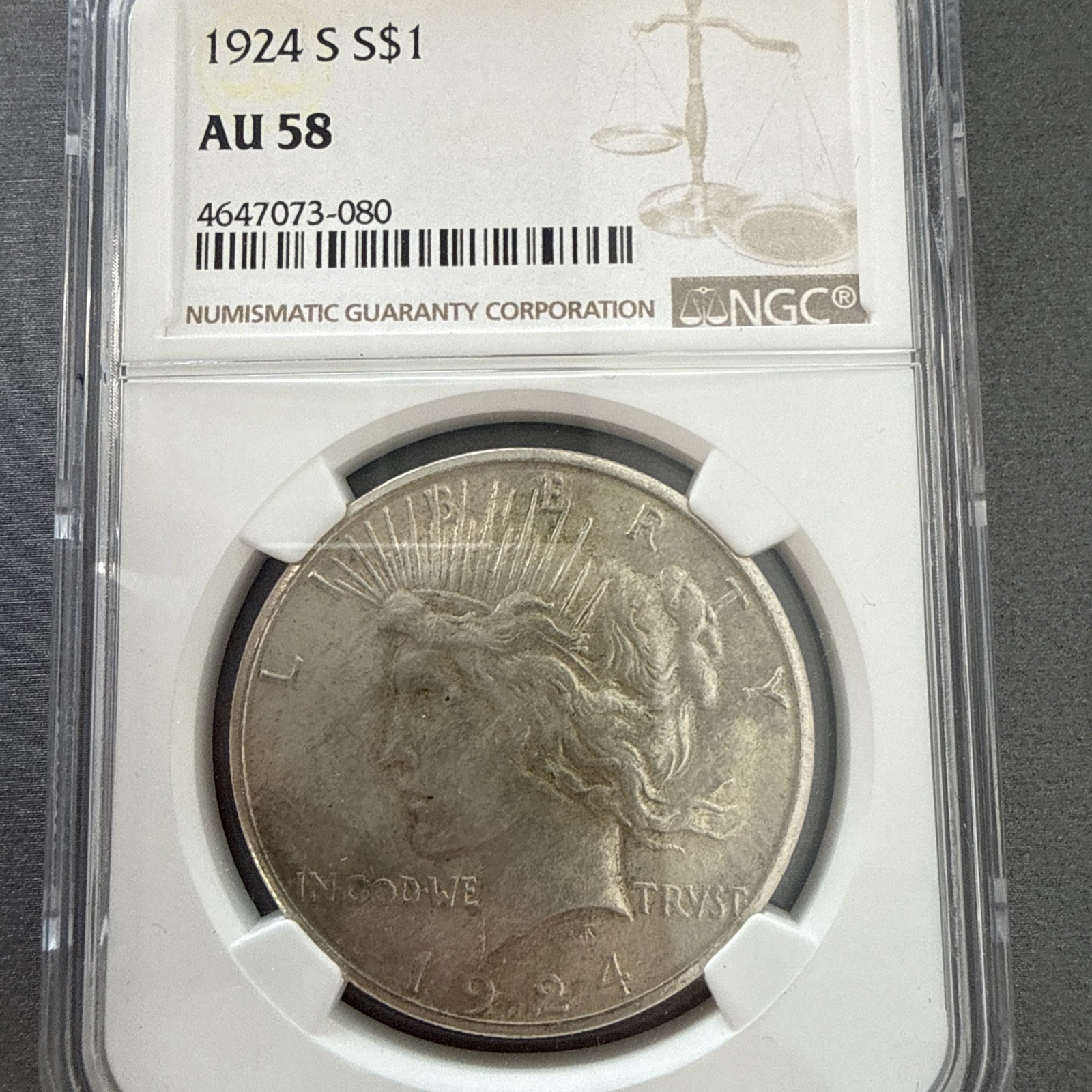 1924-S Peace Dollar NGC AU 58 Silver Dollar