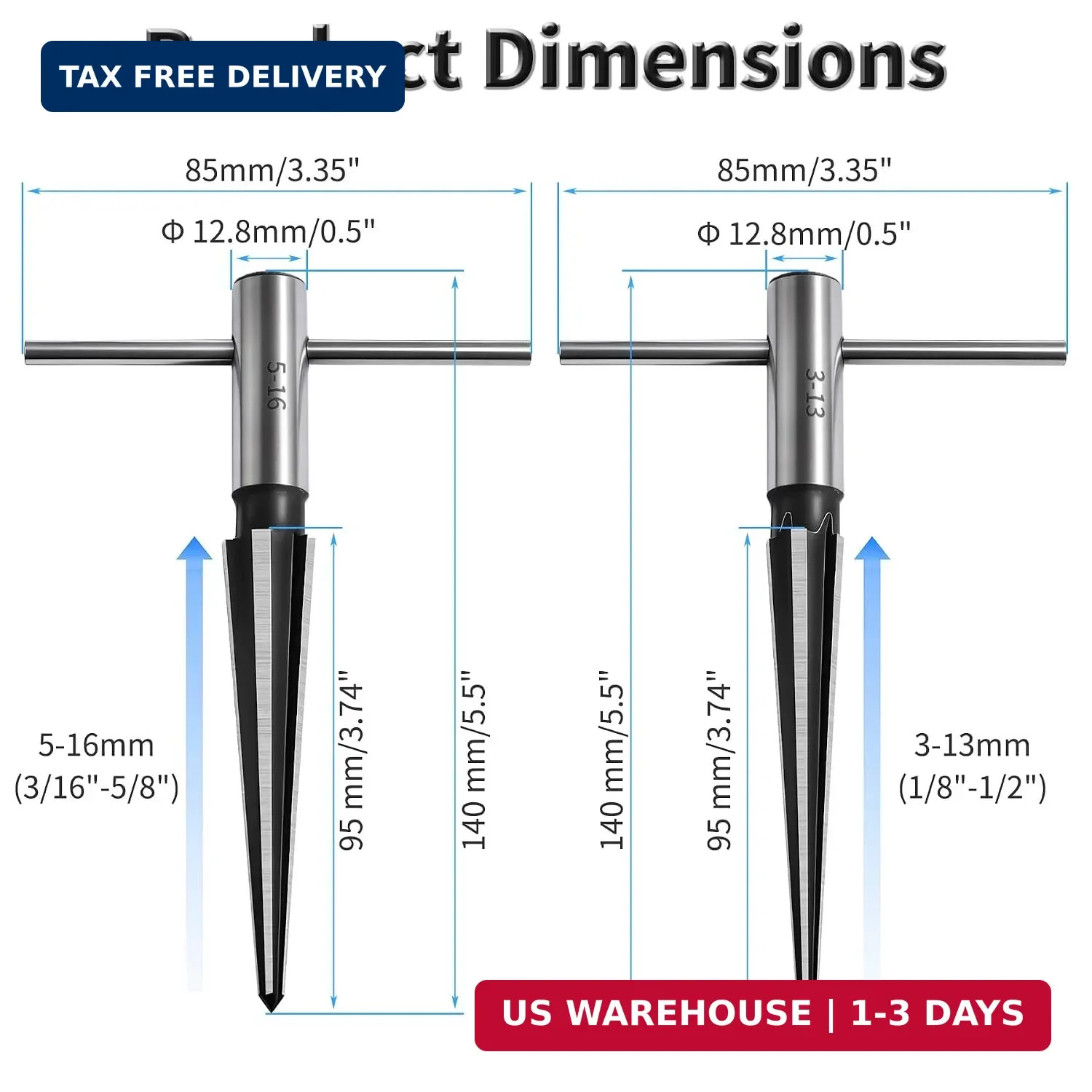 T Handle Tapered Reamer Set, 3-13 & 5-16 mm | Multi Fluted, Chamfer Reaming Tool