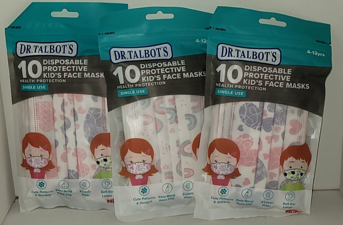 Lot of 3 Dr. Talbot's Protective Kid's Face Masks 30 Total- 4 -12yrs, Free Ship