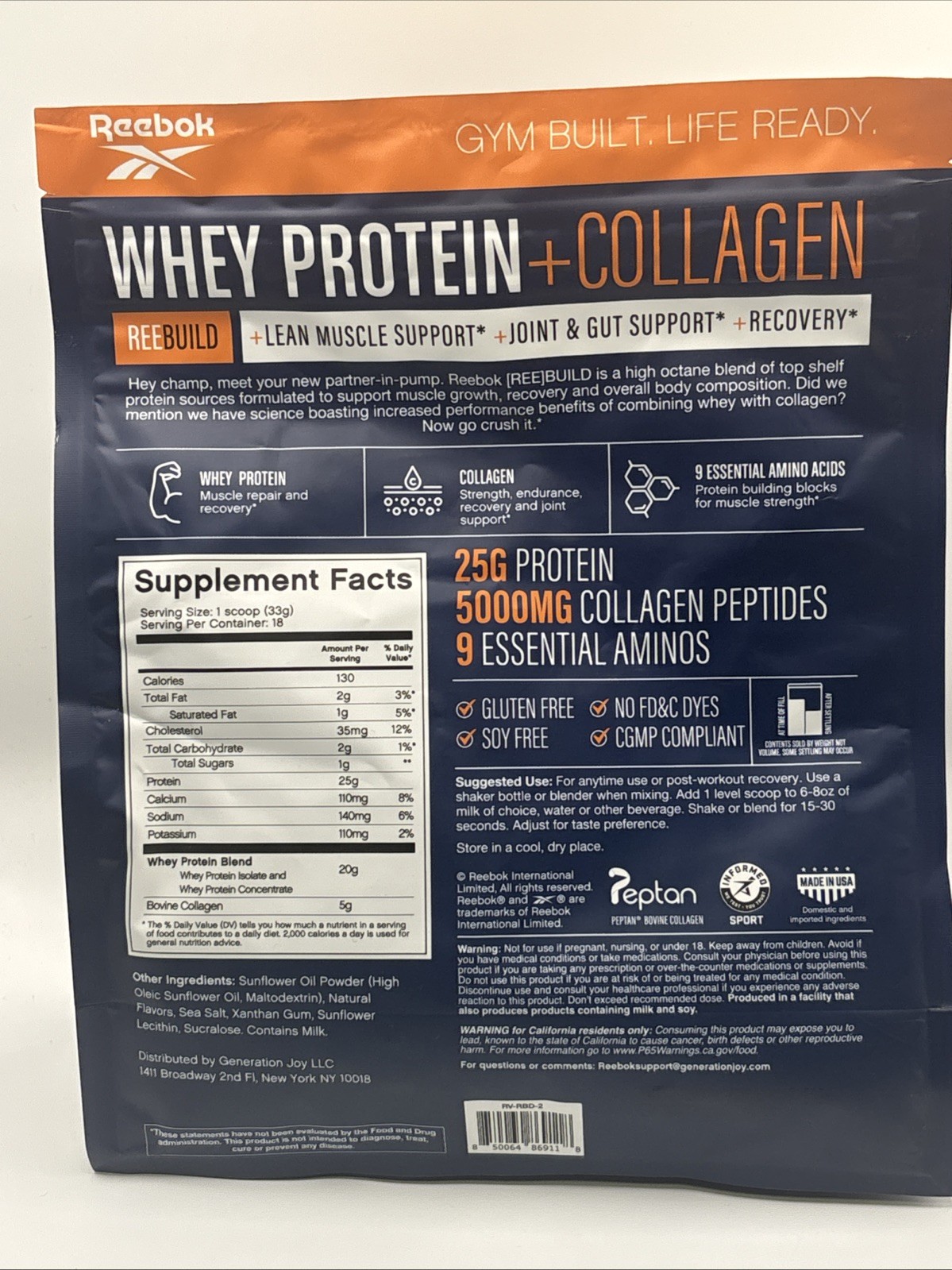 Reebok Whey Protein + Collagen Powder 25g Protein Muscle Recovery Supplement